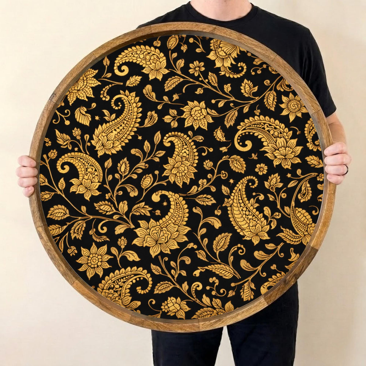 Handmade Mango Wood Serving Tray | Black Gold Floral Ottoman Decor