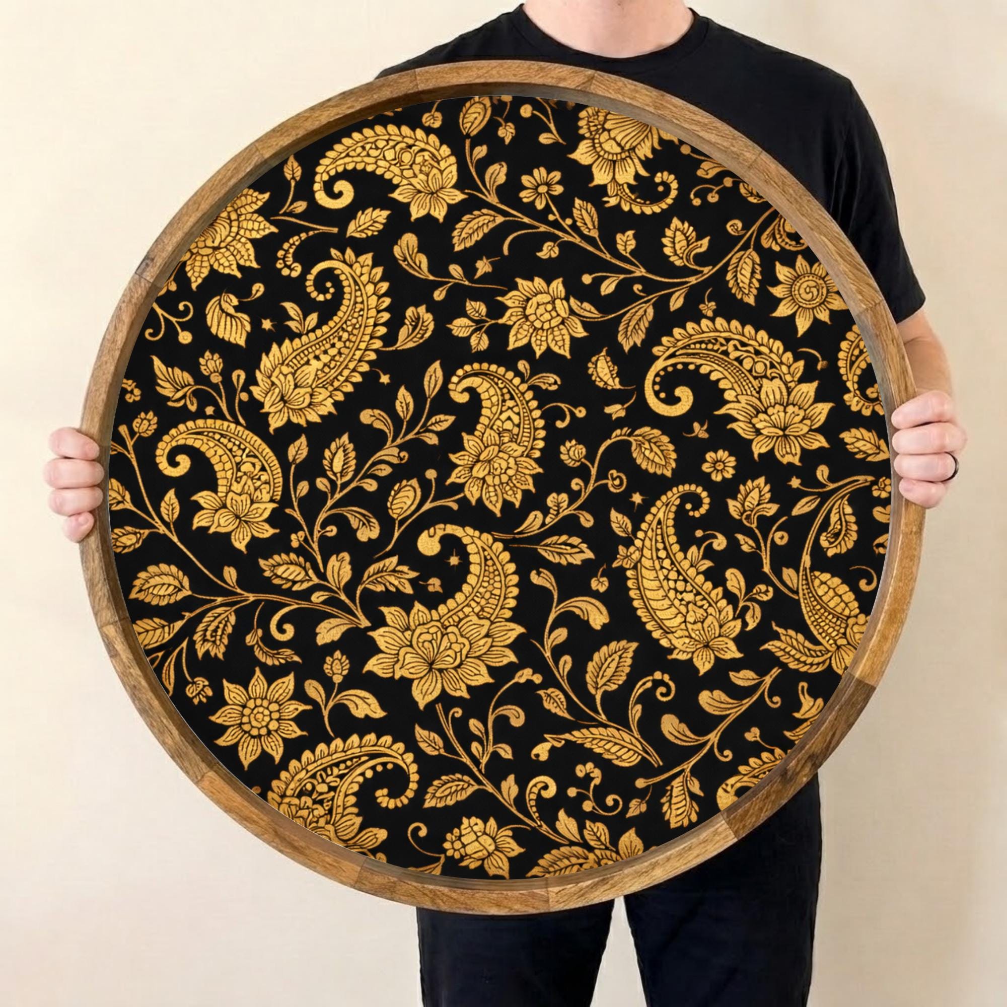 Handmade Mango Wood Serving Tray | Black Gold Floral Ottoman Decor
