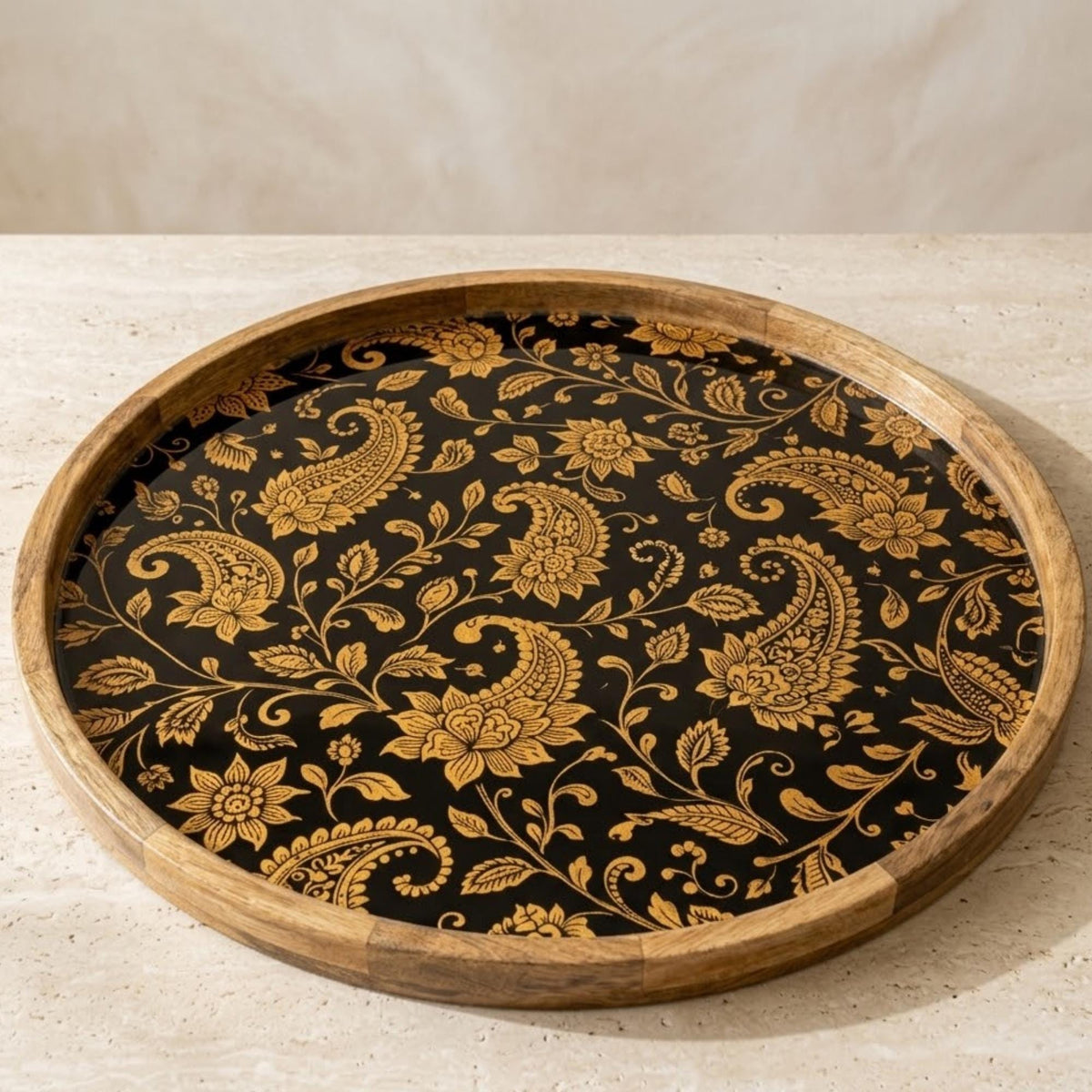 Handmade Mango Wood Serving Tray | Black Gold Floral Ottoman Decor