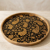 Handmade Mango Wood Serving Tray | Black Gold Floral Ottoman Decor