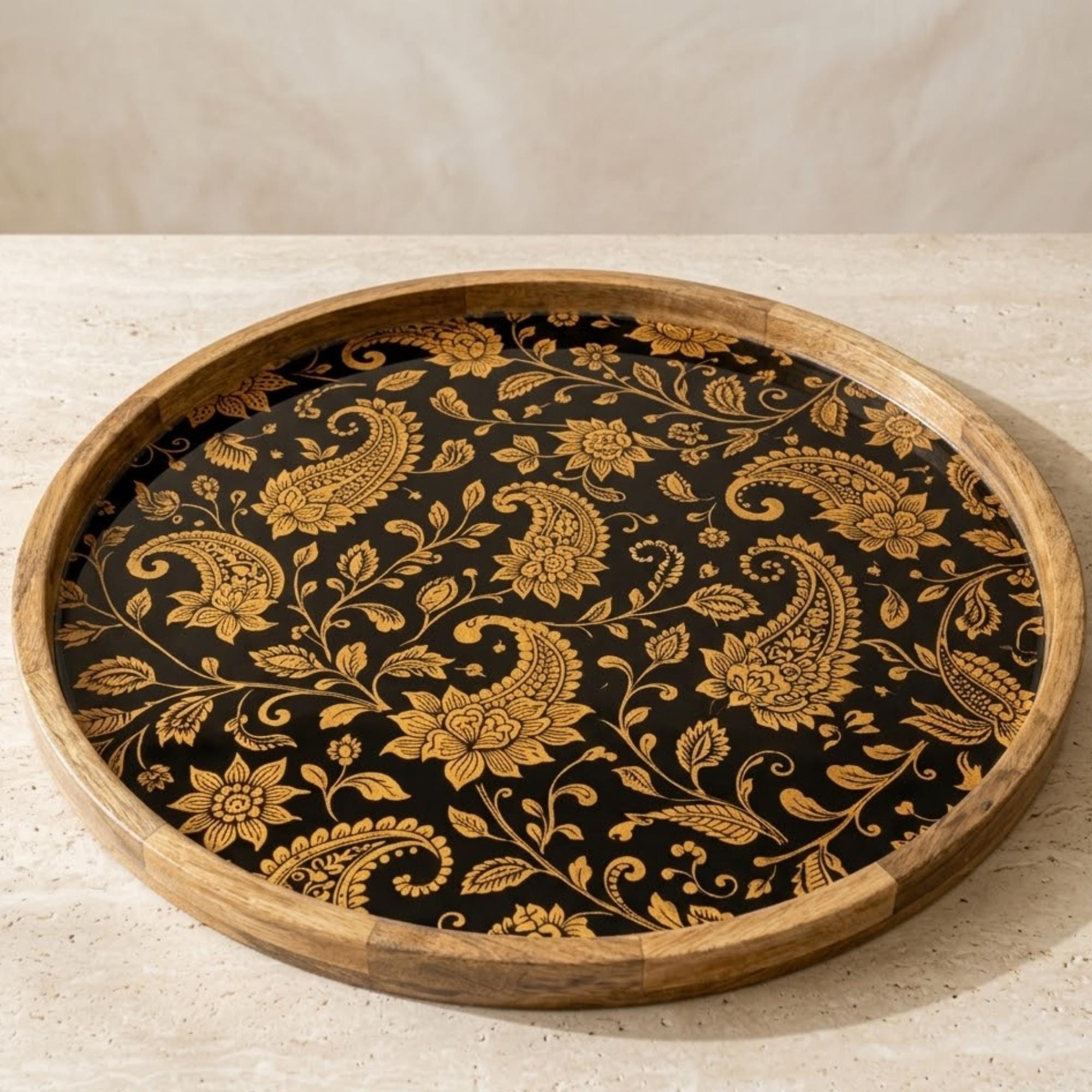 Handmade Mango Wood Serving Tray | Black Gold Floral Ottoman Decor