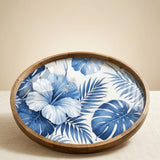 Blue Floral Mango Wood Serving Tray | Tropical Ottoman Coffee Table Decor