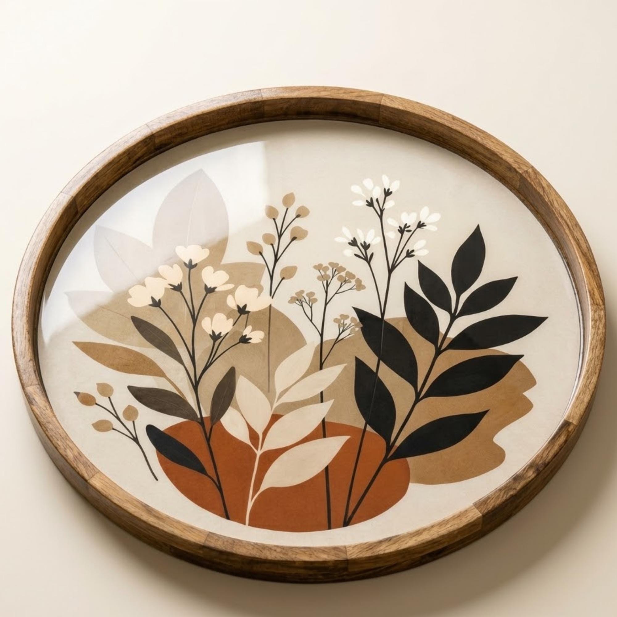Handmade Botanical Mango Wood Serving Tray | Neutral Boho Coffee Table Ottoman Decor