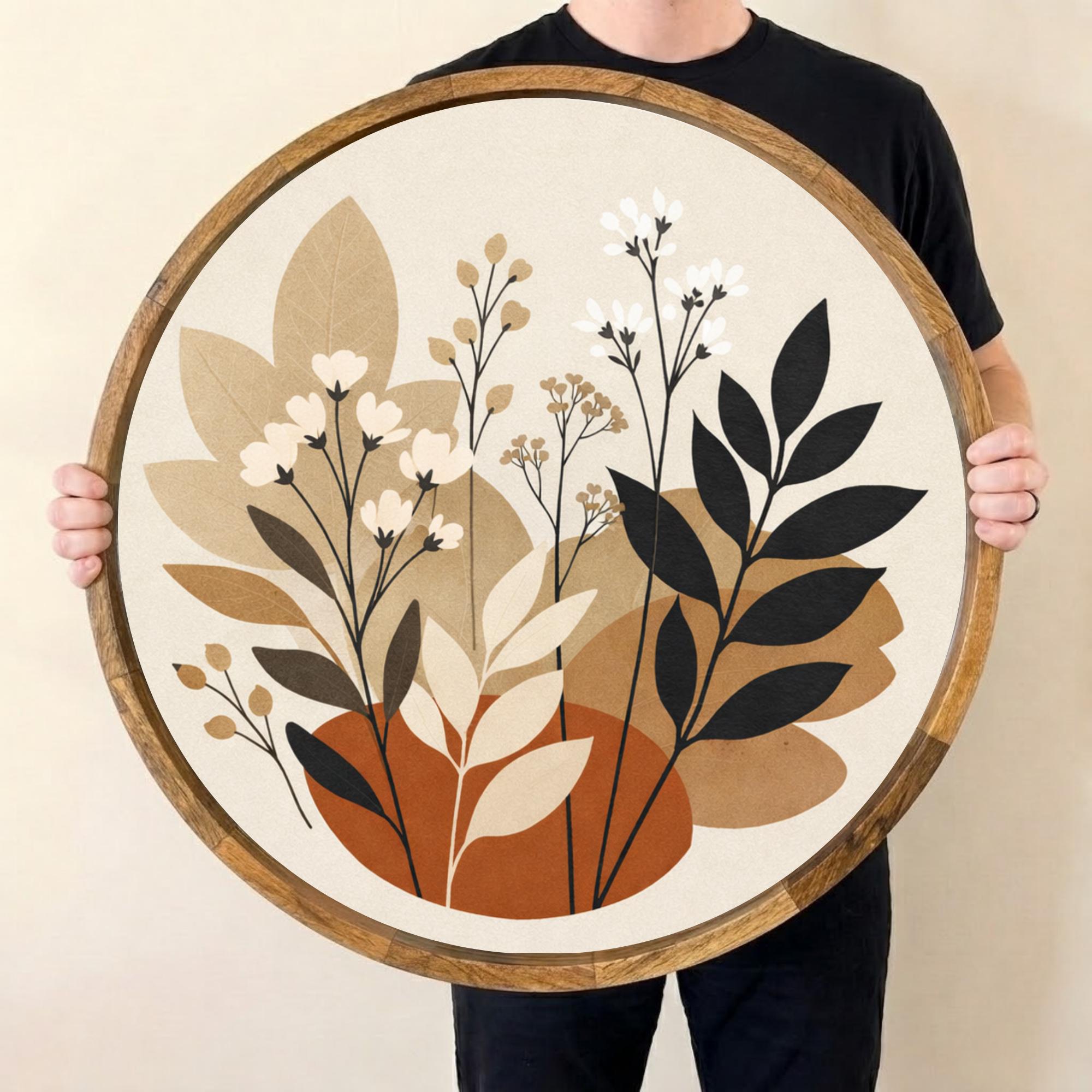 Handmade Botanical Mango Wood Serving Tray | Neutral Boho Coffee Table Ottoman Decor