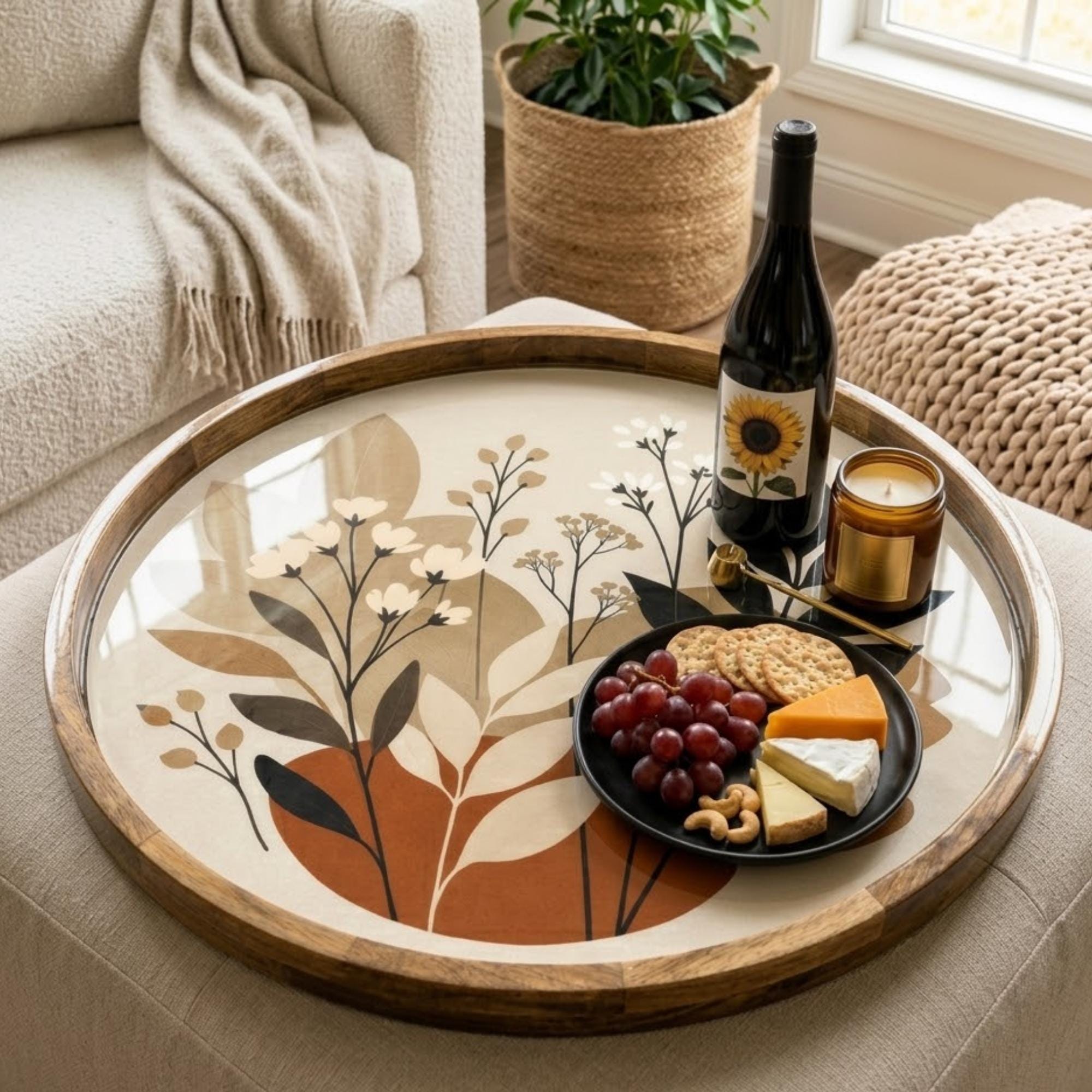 Handmade Botanical Mango Wood Serving Tray | Neutral Boho Coffee Table Ottoman Decor
