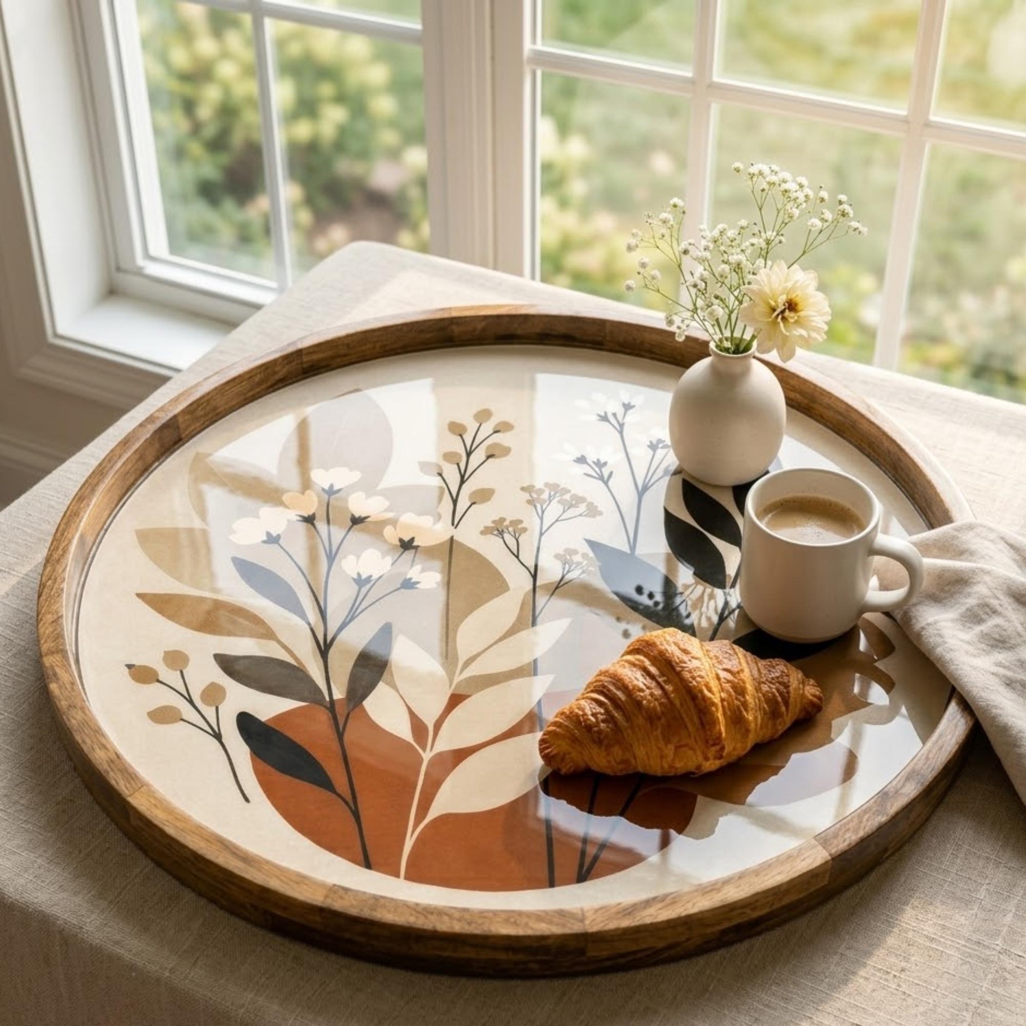 Handmade Botanical Mango Wood Serving Tray | Neutral Boho Coffee Table Ottoman Decor