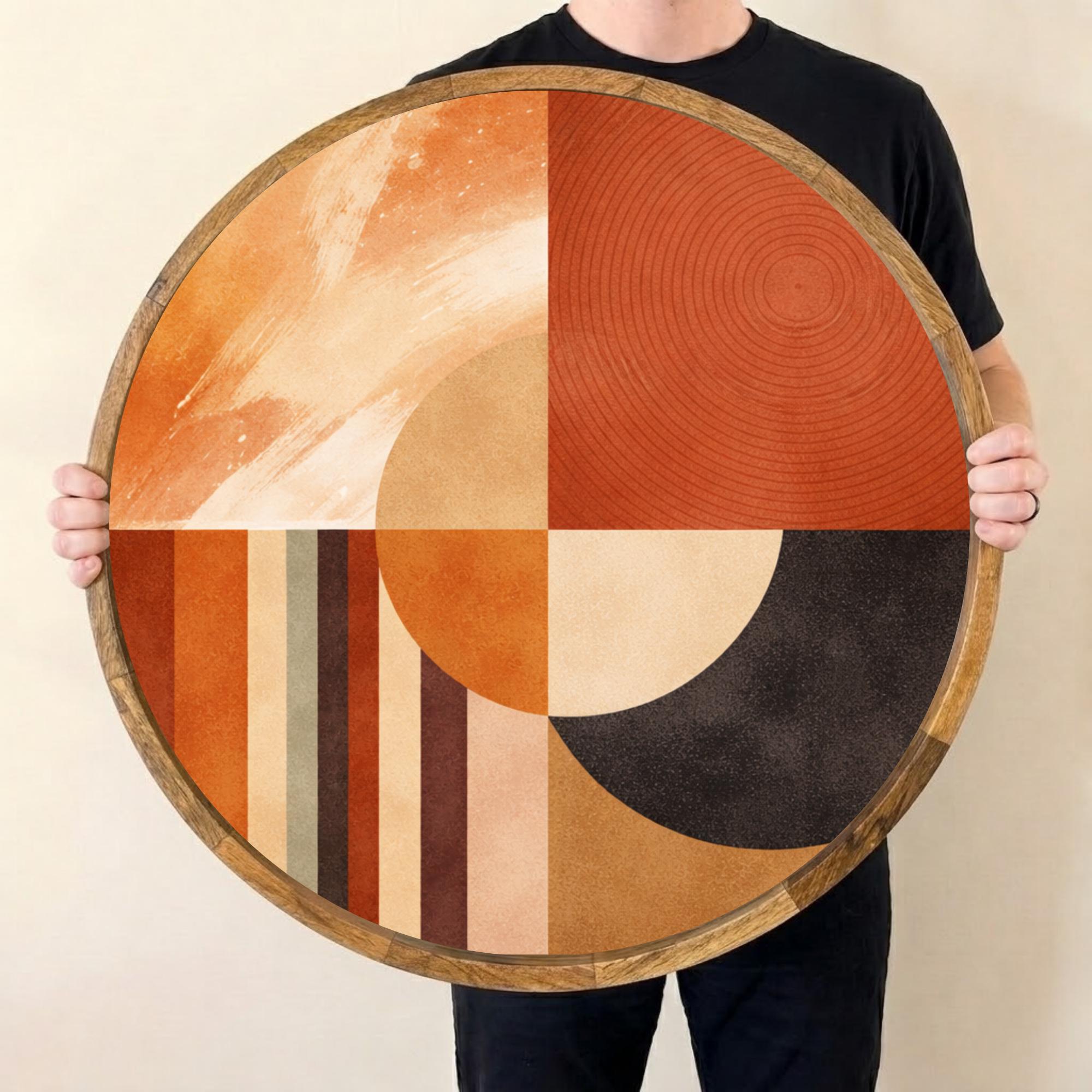 Handmade Mango Wood Serving Tray | Mid Century Modern Geometric Ottoman Decor