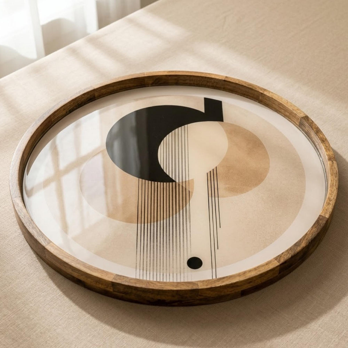 Geometric Abstract Mango Wood Serving Tray | Minimalist Ottoman Coffee Table Decor