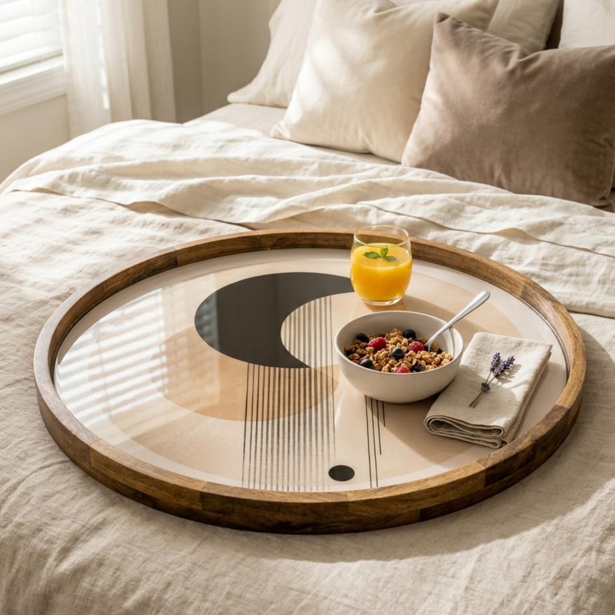 Geometric Abstract Mango Wood Serving Tray | Minimalist Ottoman Coffee Table Decor