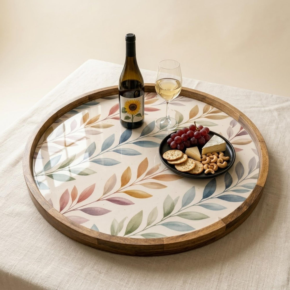 Printed Mango Wood Round Serving Tray | Botanical Leaf Boho Home Décor