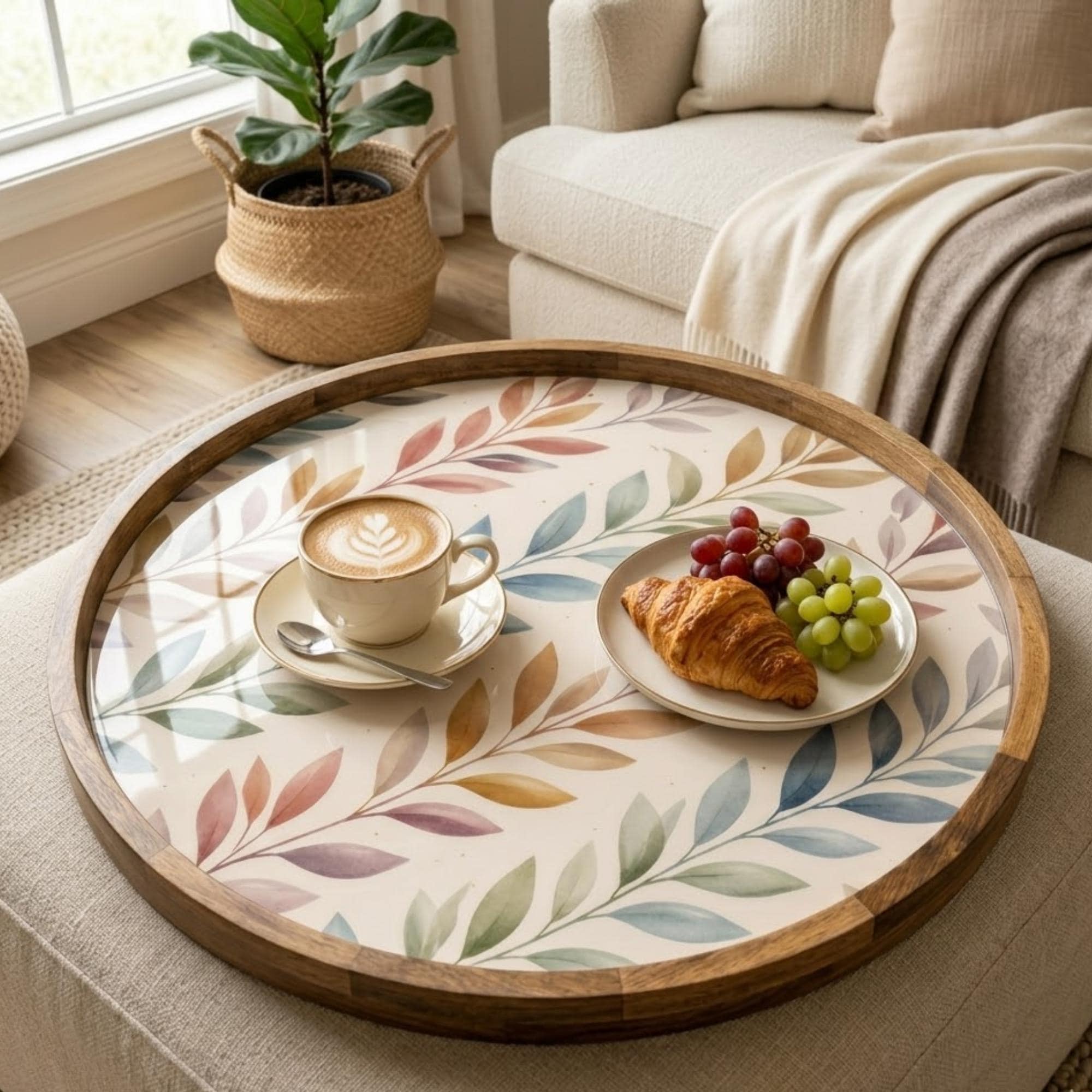 Printed Mango Wood Round Serving Tray | Botanical Leaf Boho Home Décor