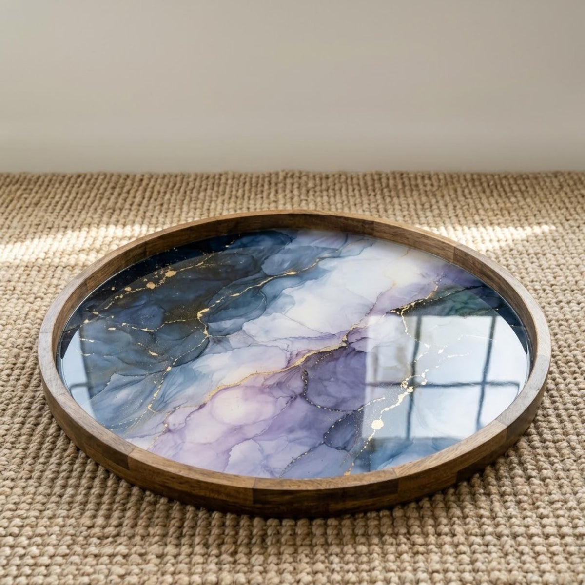 Printed Mango Wood Serving Tray | Water Resistant Round Decorative Tray | Home Decor