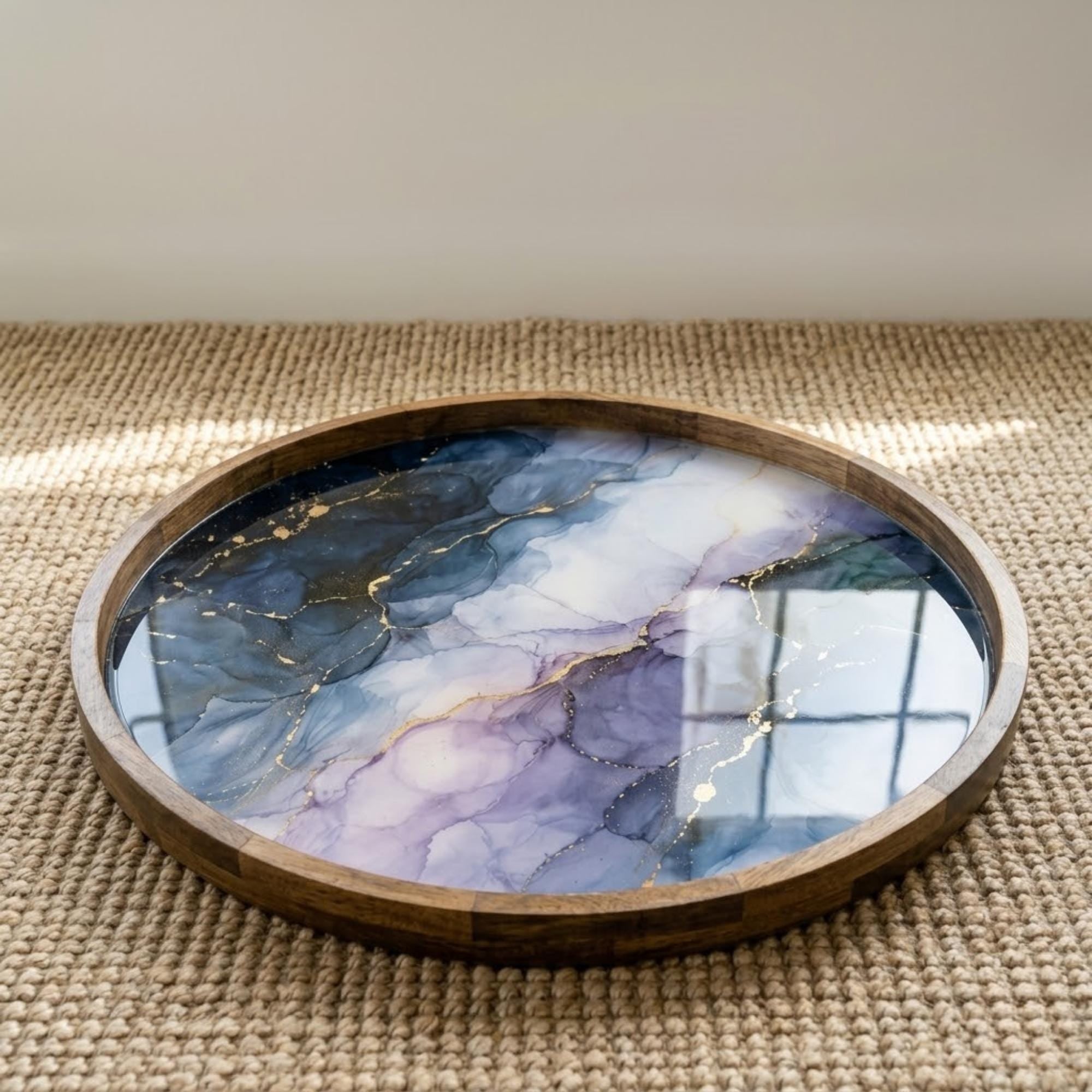Printed Mango Wood Serving Tray | Water Resistant Round Decorative Tray | Home Decor