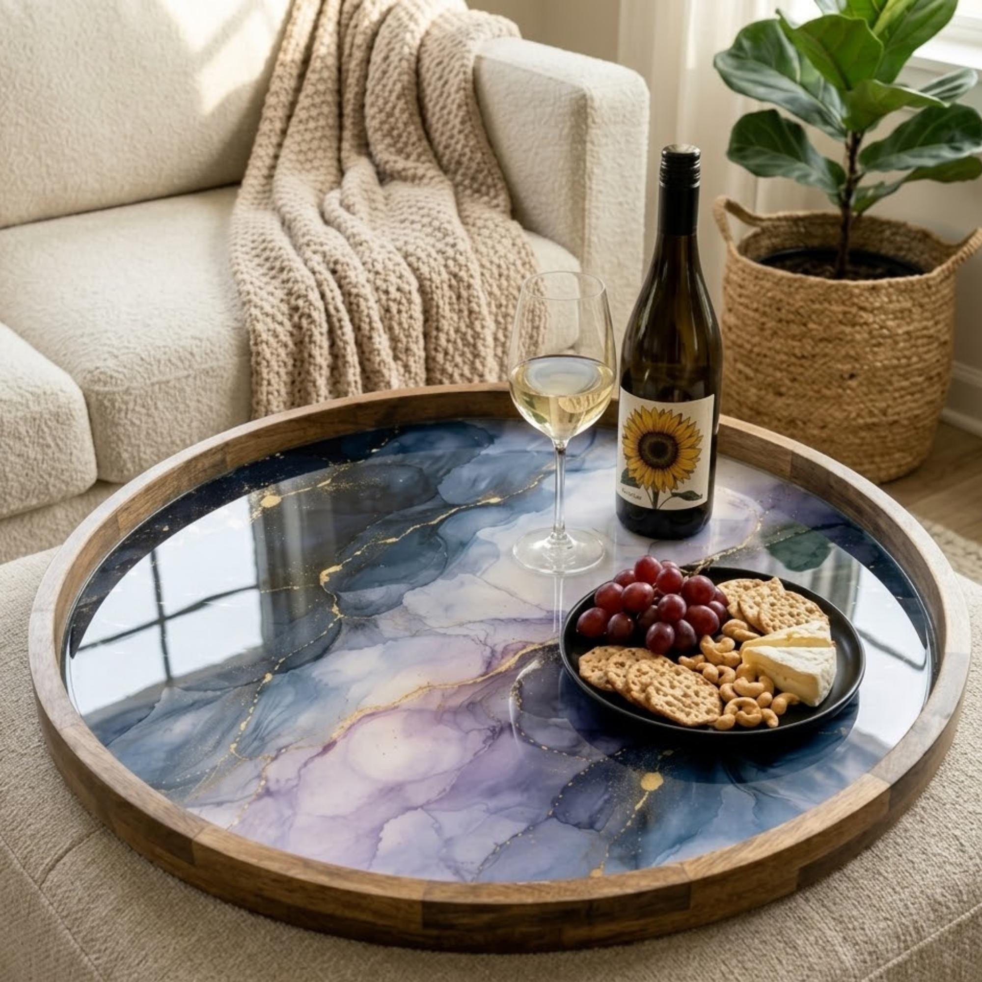 Printed Mango Wood Serving Tray | Water Resistant Round Decorative Tray | Home Decor