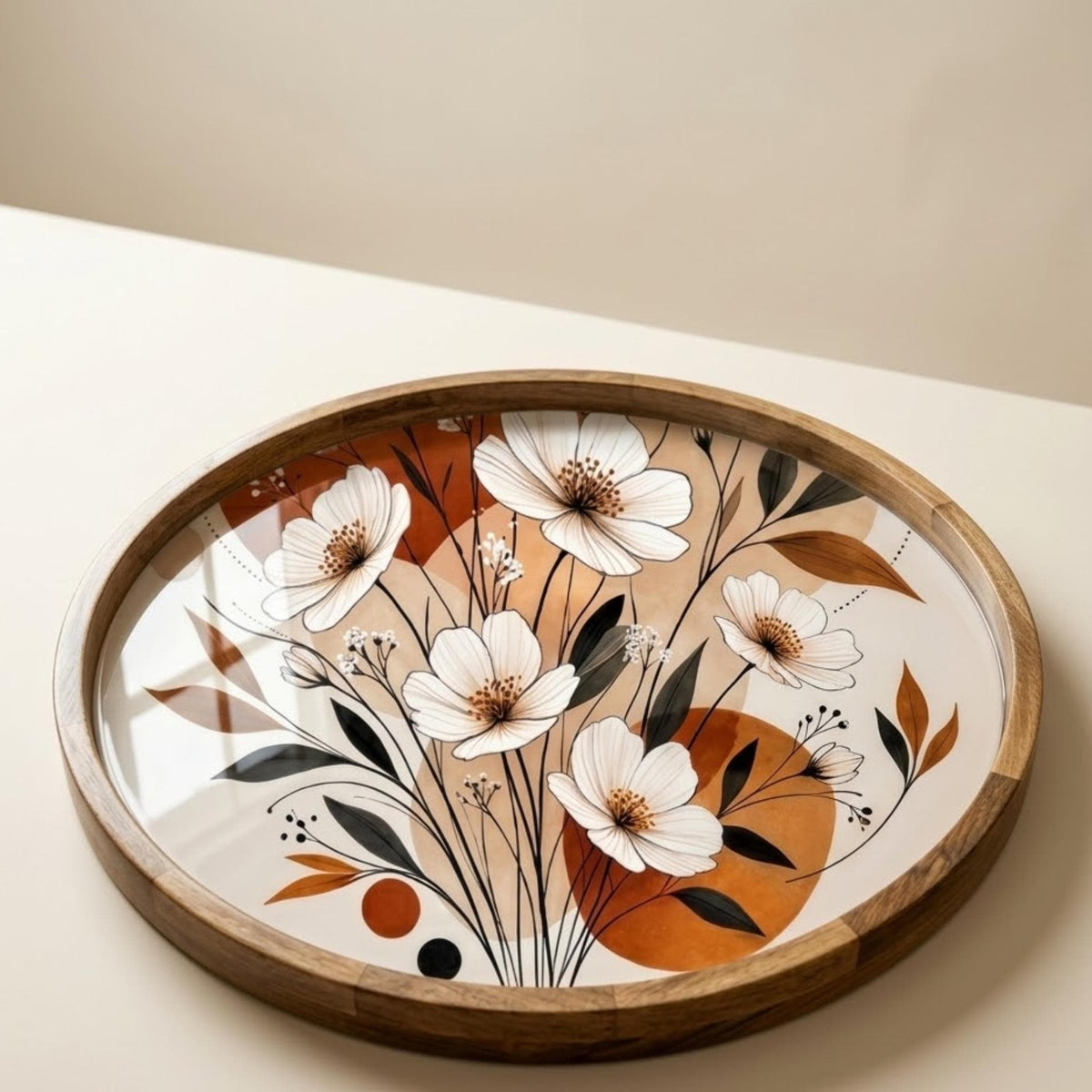 Handmade Boho Floral Mango Wood Serving Tray | Neutral Ottoman Coffee Table Decor