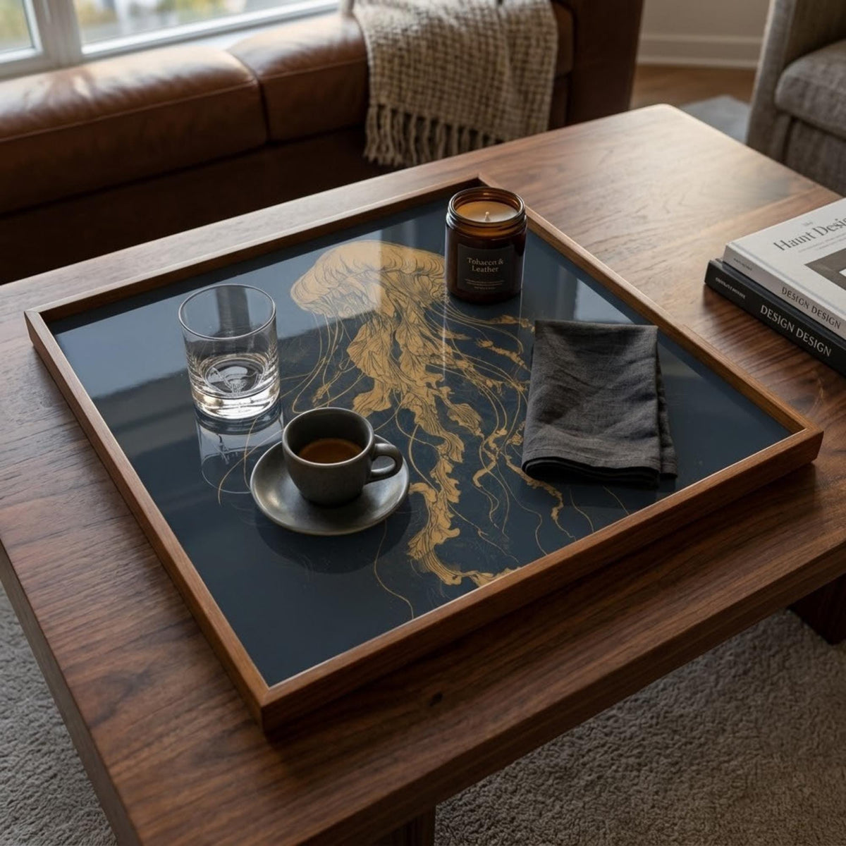 Square Serving Tray, Dark Academia Tray, Black Gold Ottoman Tray, Coffee Table Tray, Handmade Resin Wood Tray, Luxury Decorative Home Accent
