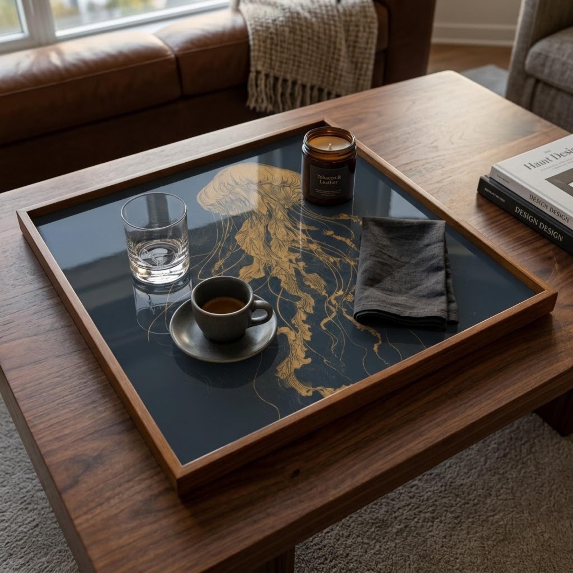Square Serving Tray, Dark Academia Tray, Black Gold Ottoman Tray, Coffee Table Tray, Handmade Resin Wood Tray, Luxury Decorative Home Accent