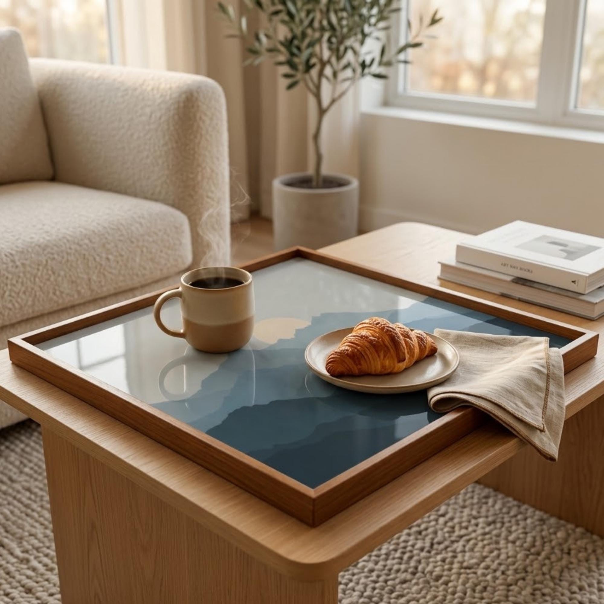 Square Serving Tray, Minimalist Mountain Landscape Tray, Ottoman Coffee Table Tray, Handmade Resin Wood Tray, Modern Japandi Home Decor