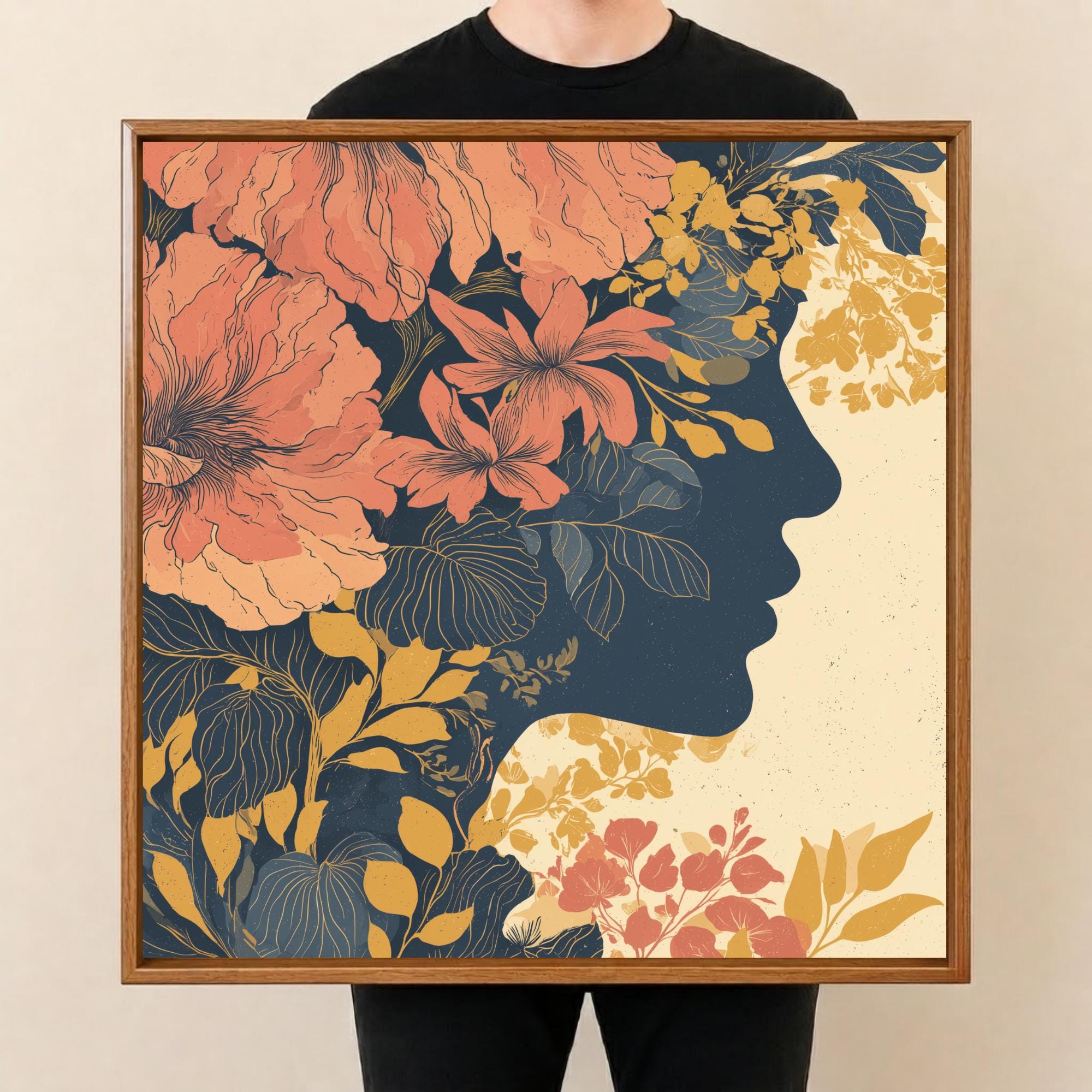 Square Serving Tray, Autumn Botanical Tray, Vintage Floral Ottoman Tray, Coffee Table Tray, Handmade Resin Wood Decorative Home Accent