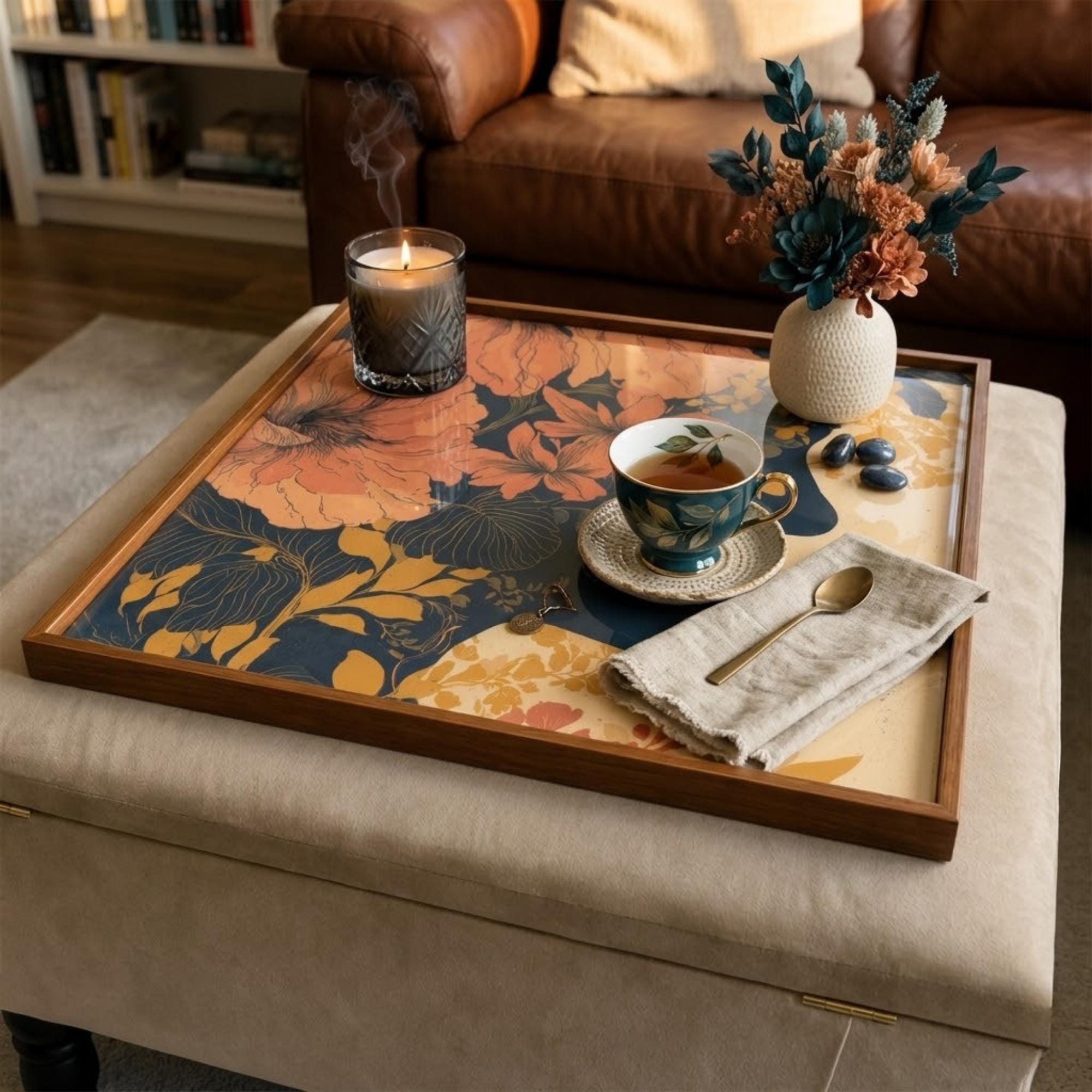 Square Serving Tray, Autumn Botanical Tray, Vintage Floral Ottoman Tray, Coffee Table Tray, Handmade Resin Wood Decorative Home Accent