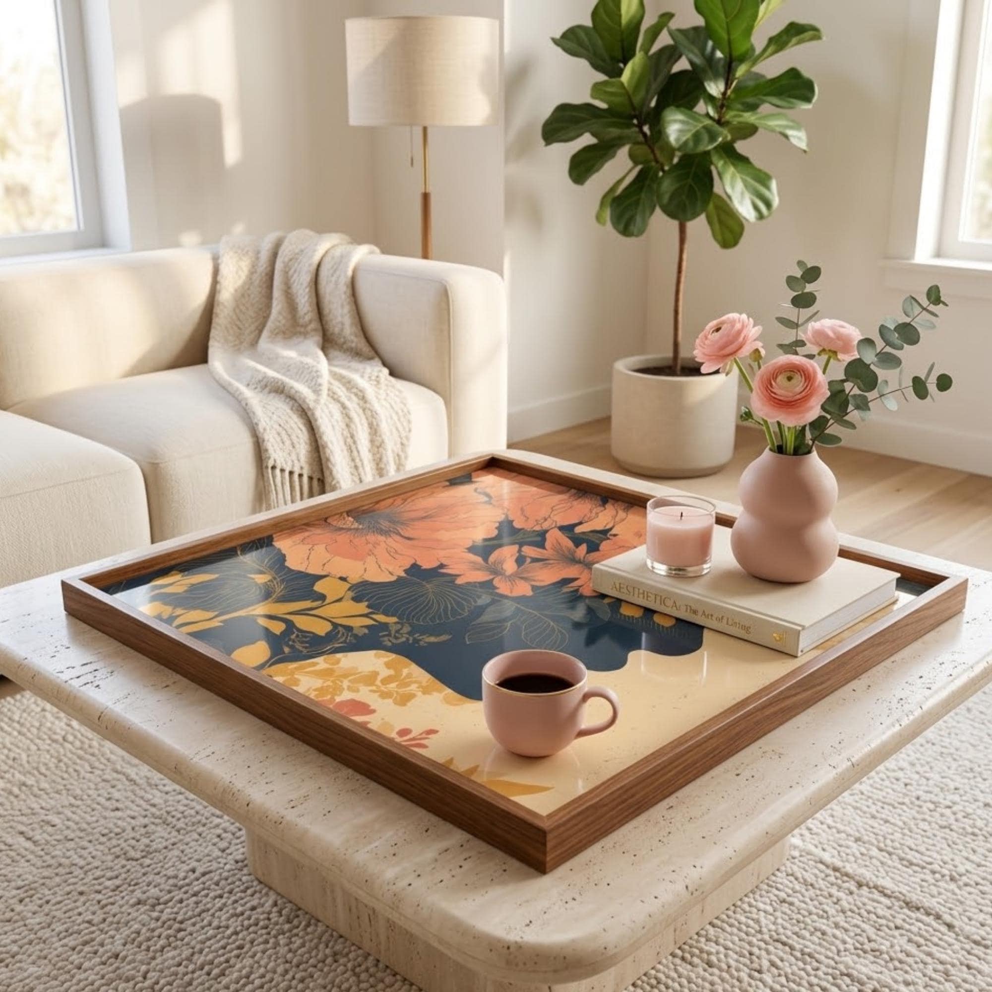 Square Serving Tray, Autumn Botanical Tray, Vintage Floral Ottoman Tray, Coffee Table Tray, Handmade Resin Wood Decorative Home Accent
