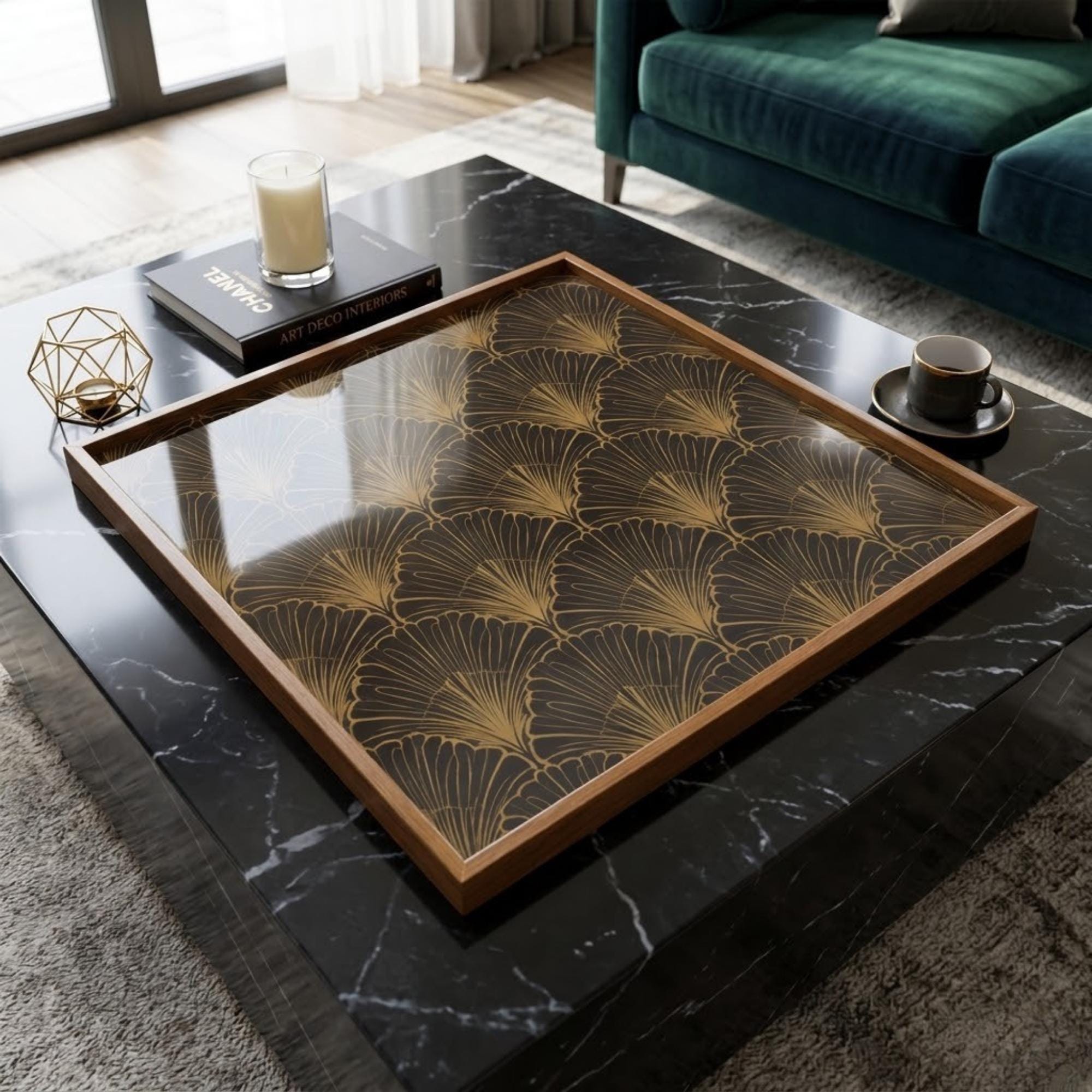 Square Serving Tray, Art Deco Tray, Black Gold Ottoman Tray, Coffee Table Tray, Handmade Resin Wood Tray, Luxury Modern Home Decor Accent