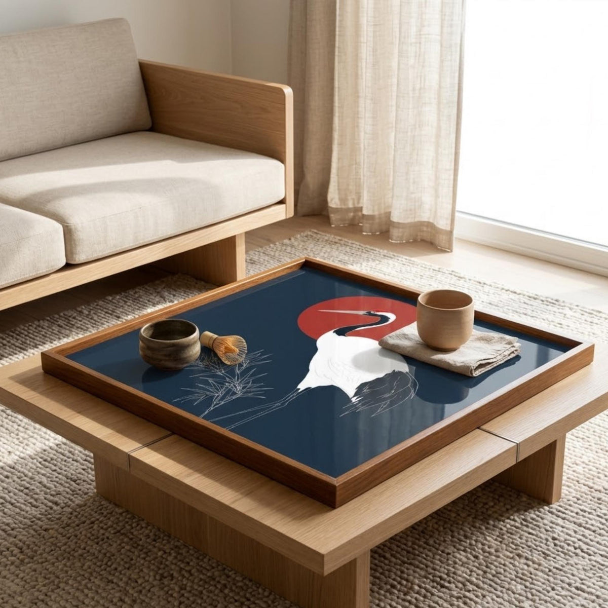 Square Serving Tray, Japanese Crane Tray, Japandi Ottoman Tray, Coffee Table Tray, Handmade Resin Wood Tray, Asian Home Decor Accent