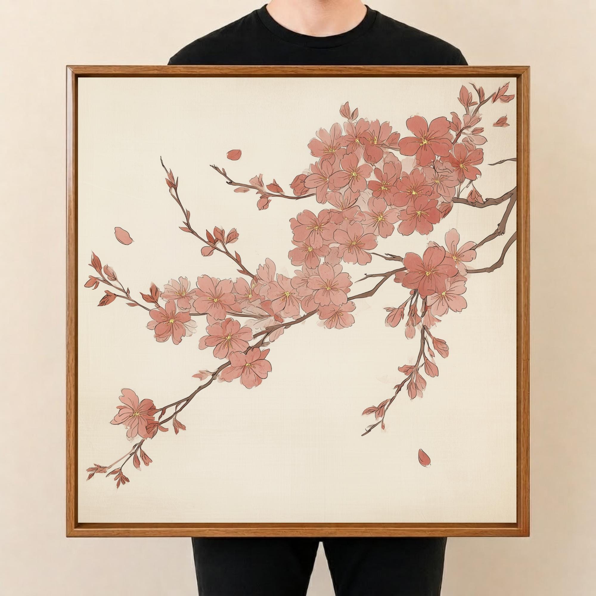 Square Serving Tray, Cherry Blossom Tray, Japandi Ottoman Tray, Coffee Table Tray, Handmade Resin Wood Decor