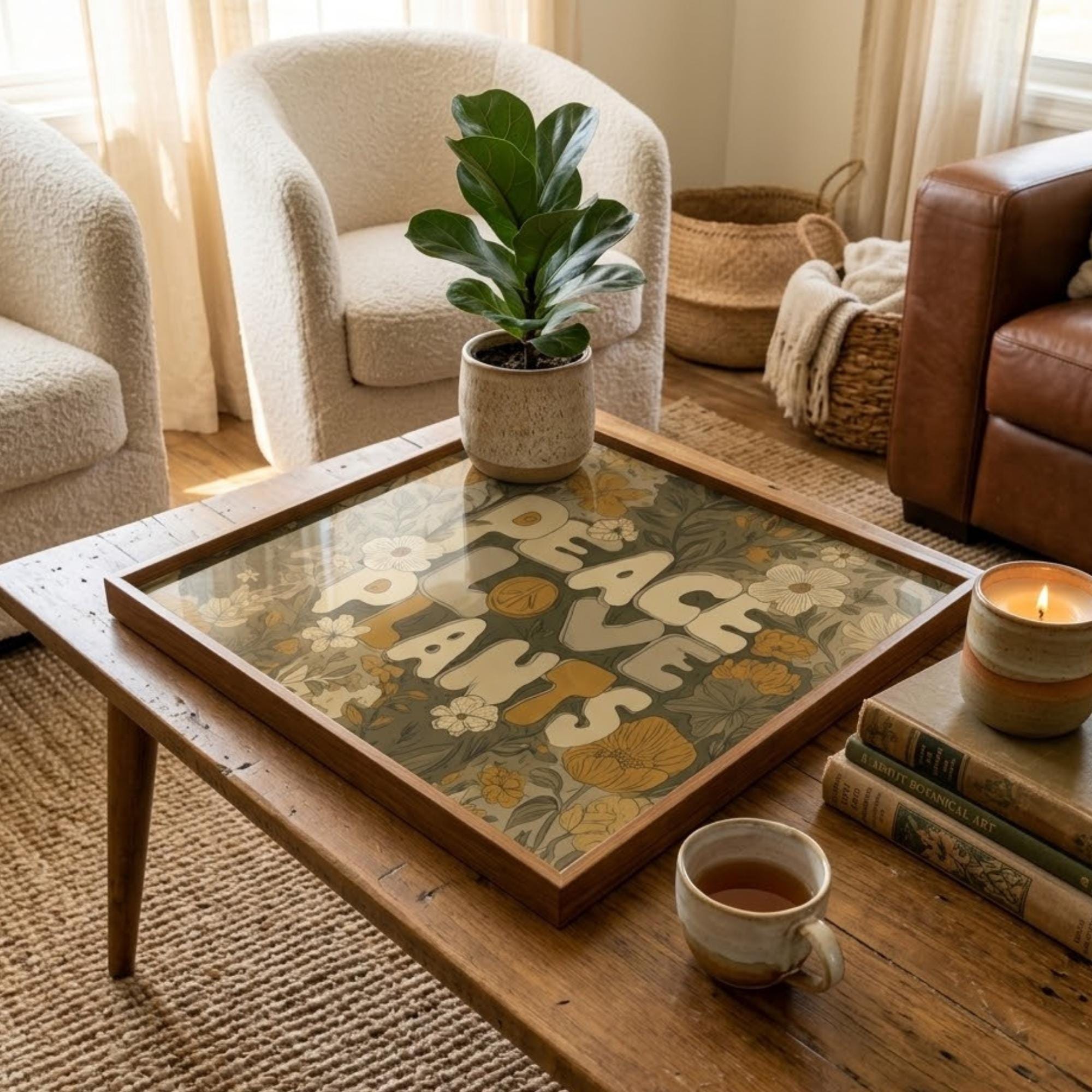Square Serving Tray, Plant Mama Tray, Plant Lover Gift, Ottoman Coffee Table Tray, Handmade Resin Wood Decor
