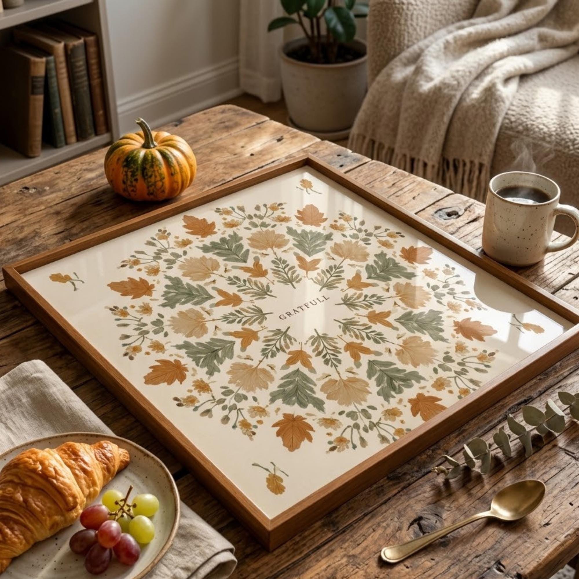 Square Serving Tray, Fall Leaves Tray, Autumn Ottoman Tray, Coffee Table Tray, Handmade Resin Wood Decor