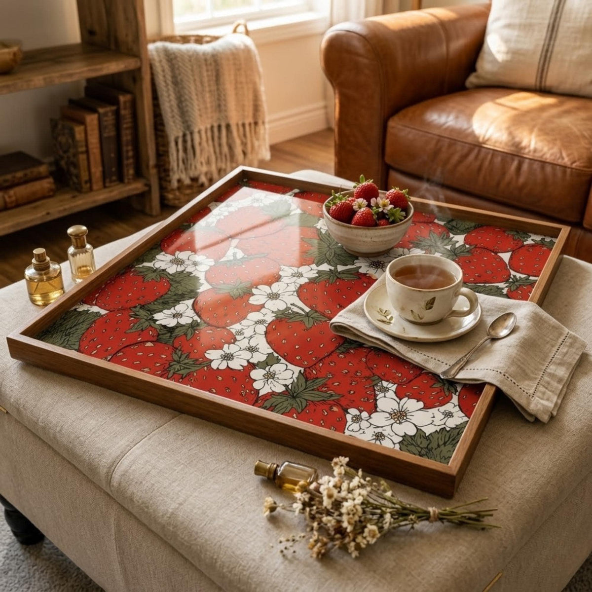 Square Serving Tray, Holiday Berry Tray, Christmas Ottoman Tray, Coffee Table Tray, Handmade Resin Wood Decor