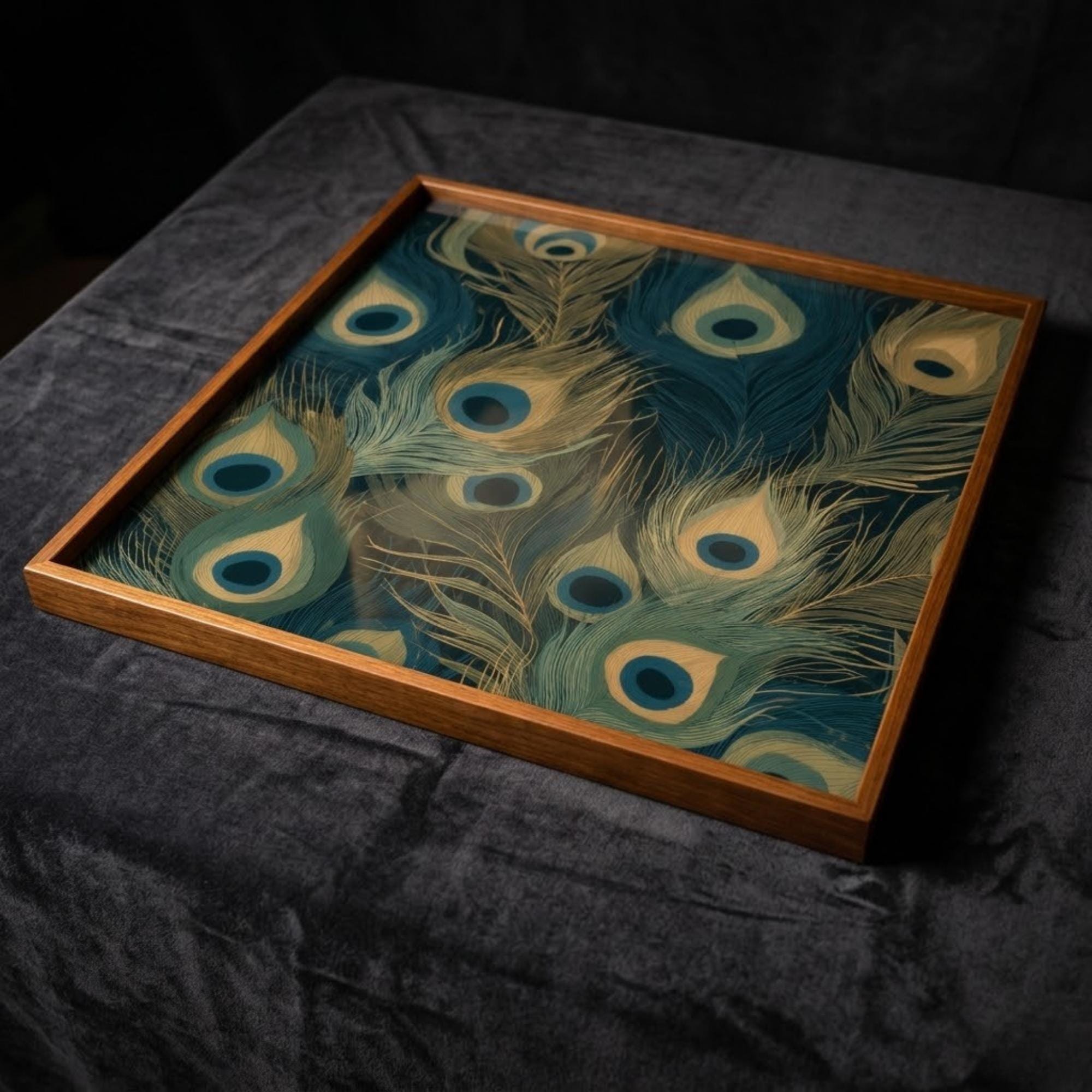 Square Serving Tray, Peacock Feather Tray, Ottoman Coffee Table Tray, Handmade Resin Wood Decor, Teal Home Decor