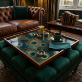 Square Serving Tray, Peacock Feather Tray, Ottoman Coffee Table Tray, Handmade Resin Wood Decor, Teal Home Decor