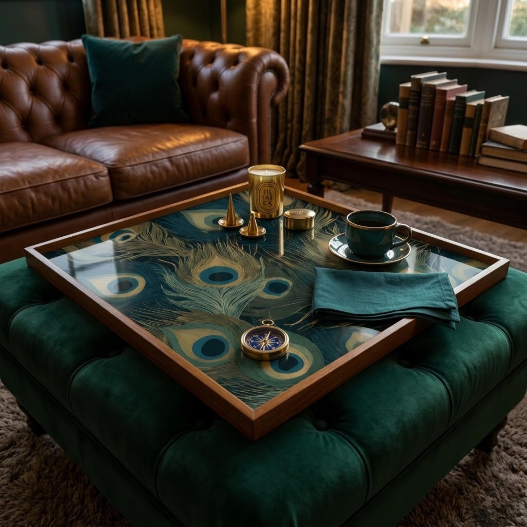 Square Serving Tray, Peacock Feather Tray, Ottoman Coffee Table Tray, Handmade Resin Wood Decor, Teal Home Decor