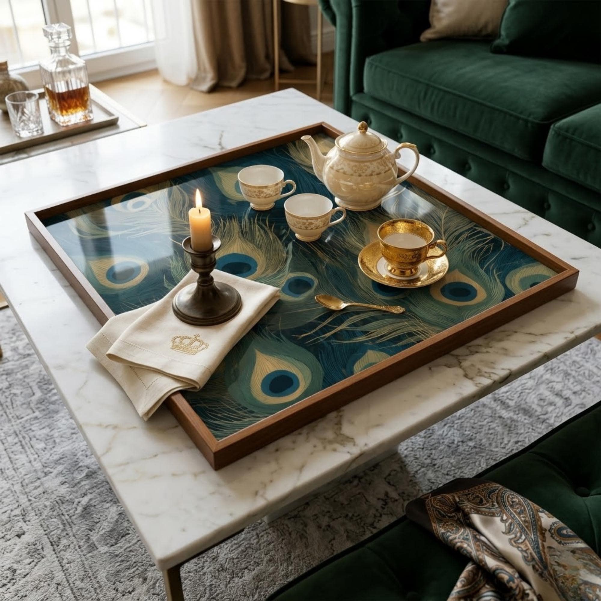 Square Serving Tray, Peacock Feather Tray, Ottoman Coffee Table Tray, Handmade Resin Wood Decor, Teal Home Decor