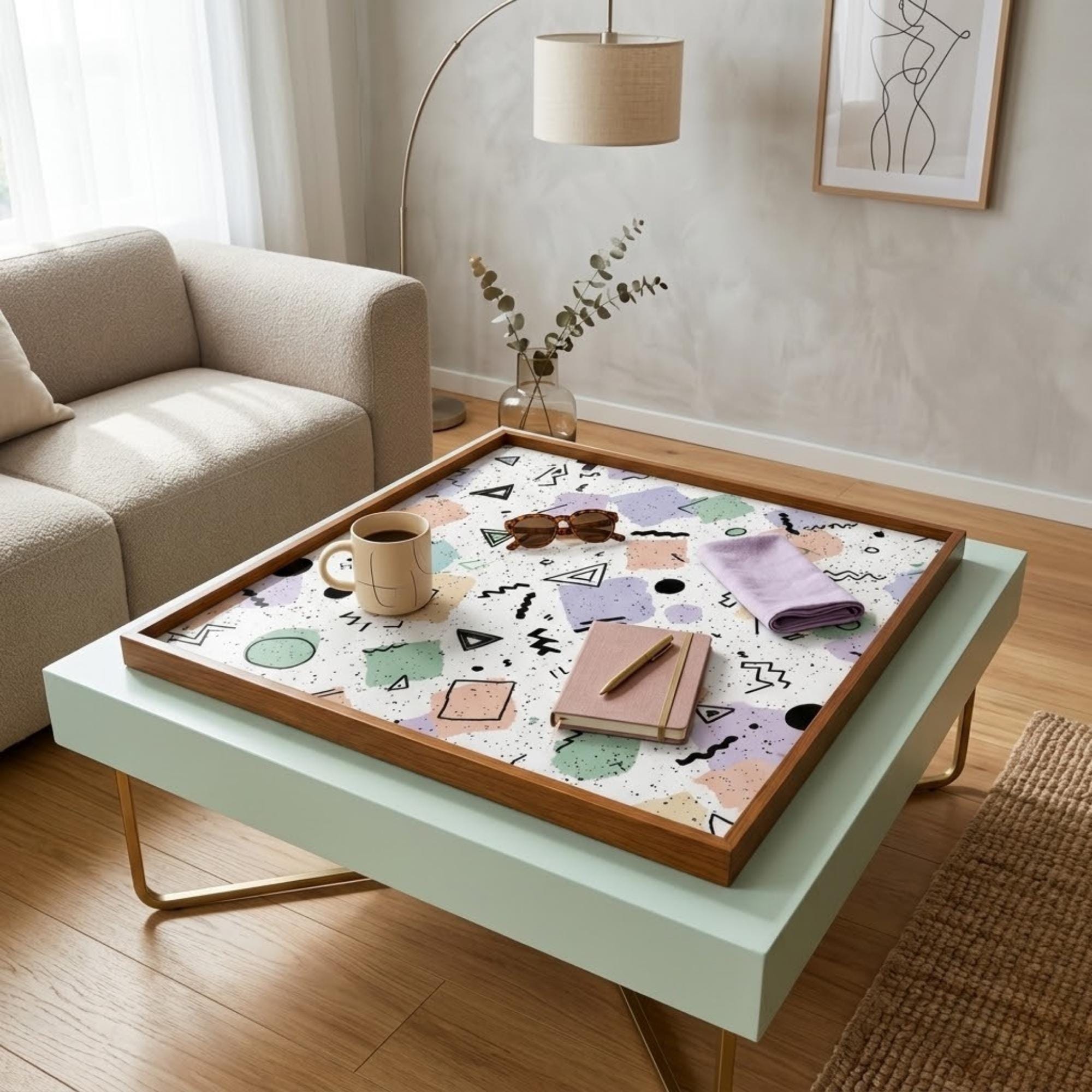 Square Serving Tray, Memphis Style Tray, Geometric Ottoman Tray, Coffee Table Tray, Handmade Resin Wood Decor