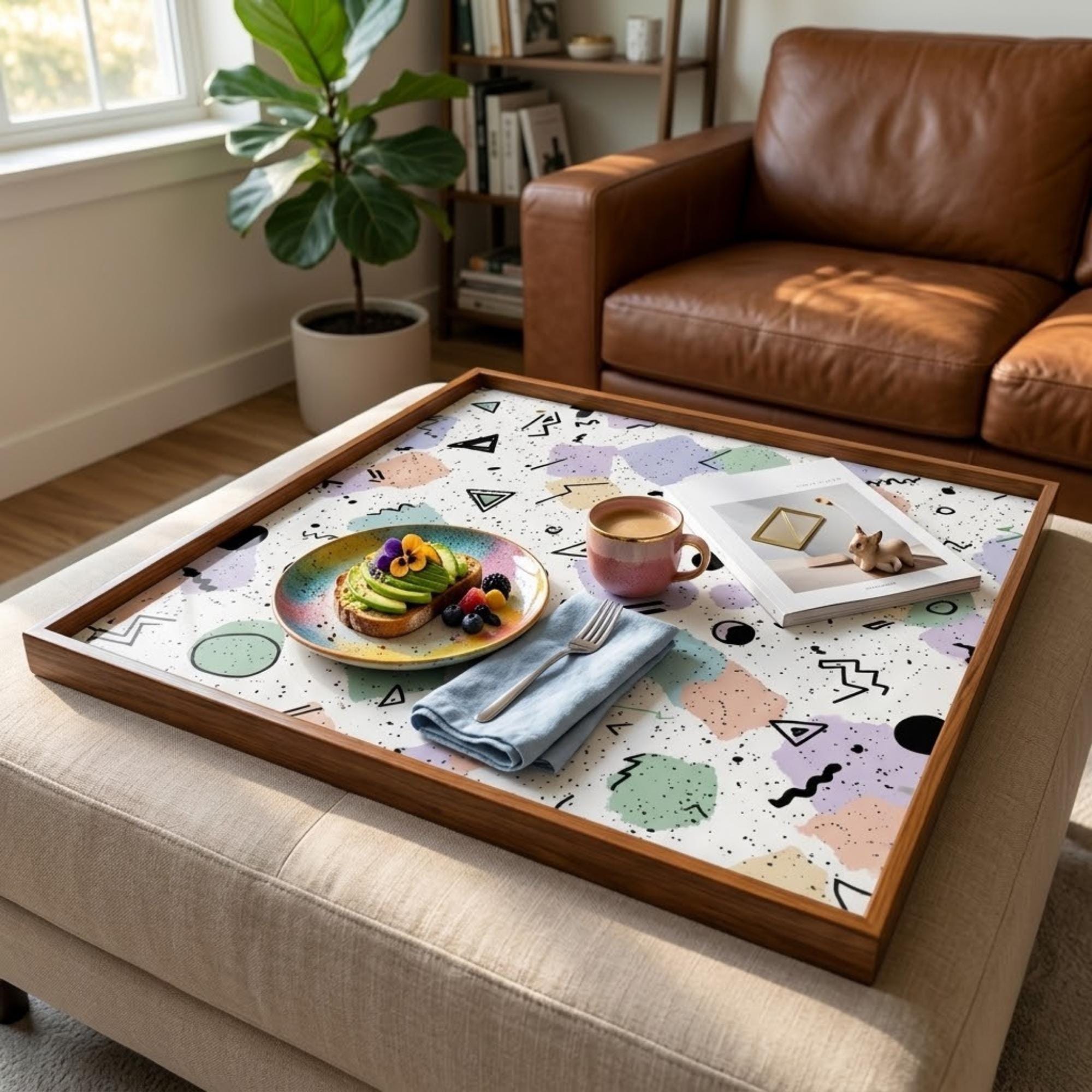 Square Serving Tray, Memphis Style Tray, Geometric Ottoman Tray, Coffee Table Tray, Handmade Resin Wood Decor