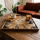 Square Serving Tray, Boho Sun Tray, Celestial Ottoman Tray, Coffee Table Tray, Handmade Resin Wood Decor