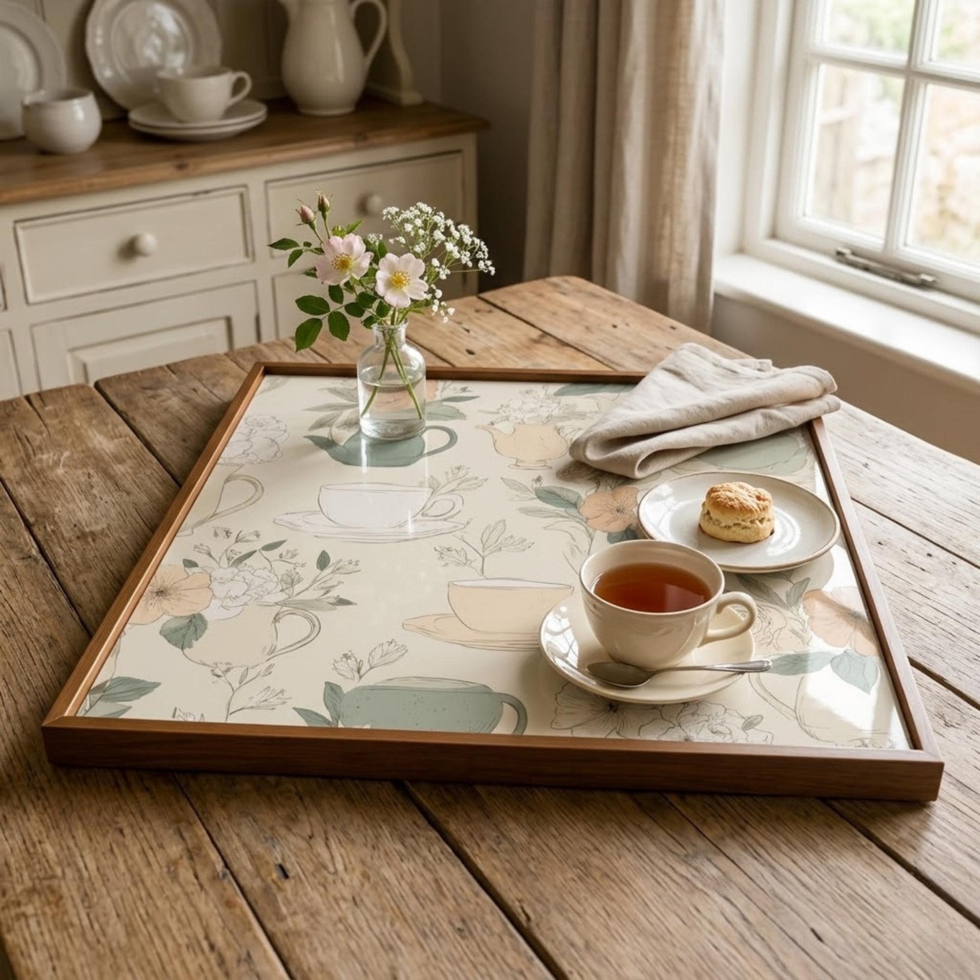 Square Serving Tray, Farmhouse Floral Tray, Ottoman Coffee Table Tray, Handmade Resin Wood Tray, Cottagecore Home Decor