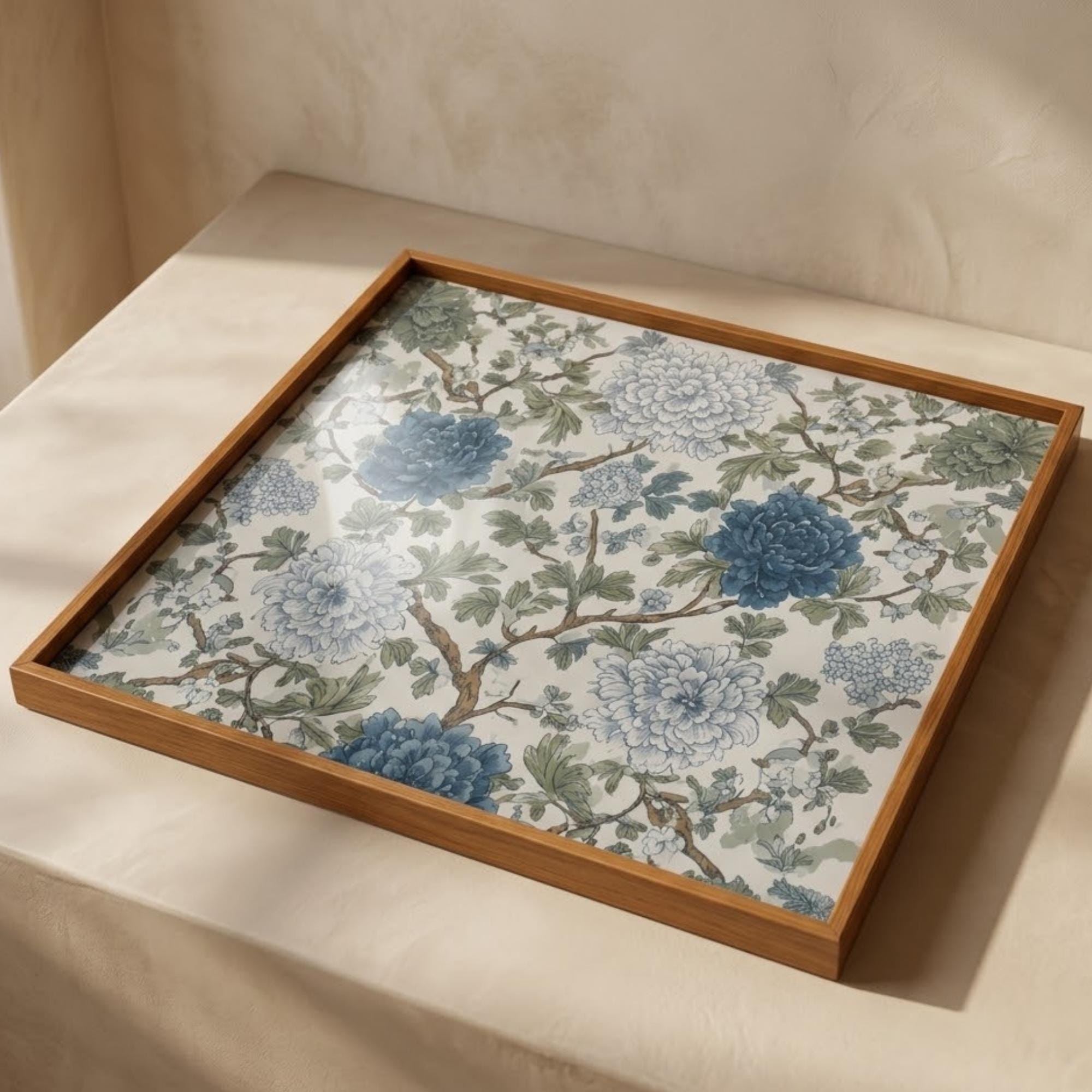 Square Serving Tray, Blue Floral Tray, Ottoman Coffee Table Tray, Handmade Resin Wood Tray, Cottagecore Home Decor