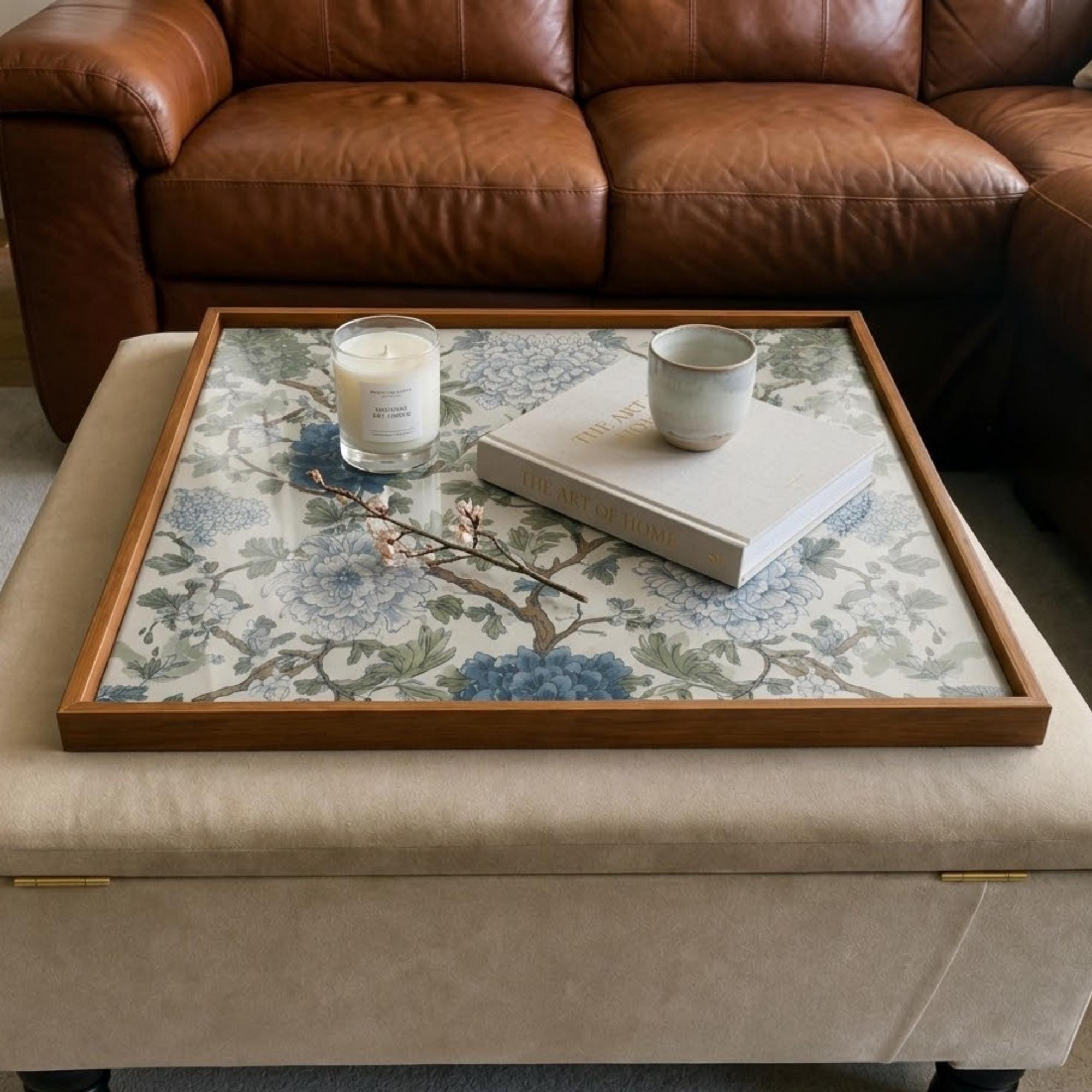 Square Serving Tray, Blue Floral Tray, Ottoman Coffee Table Tray, Handmade Resin Wood Tray, Cottagecore Home Decor