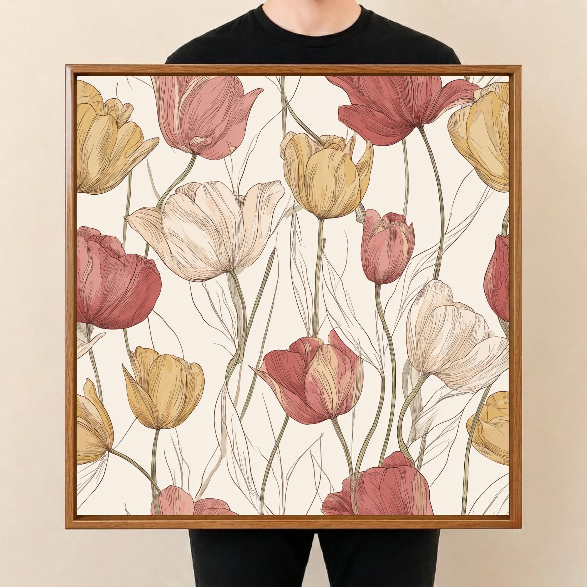 Square Serving Tray, Tulip Floral Tray, Ottoman Coffee Table Tray, Handmade Resin Wood Tray, Spring Home Decor
