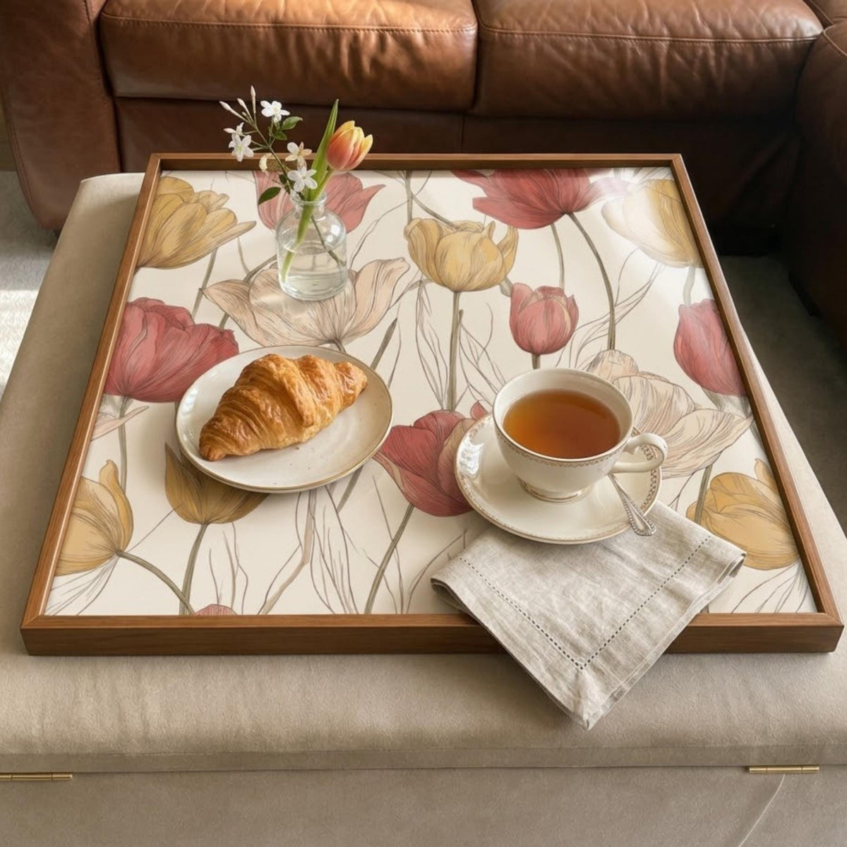 Square Serving Tray, Tulip Floral Tray, Ottoman Coffee Table Tray, Handmade Resin Wood Tray, Spring Home Decor