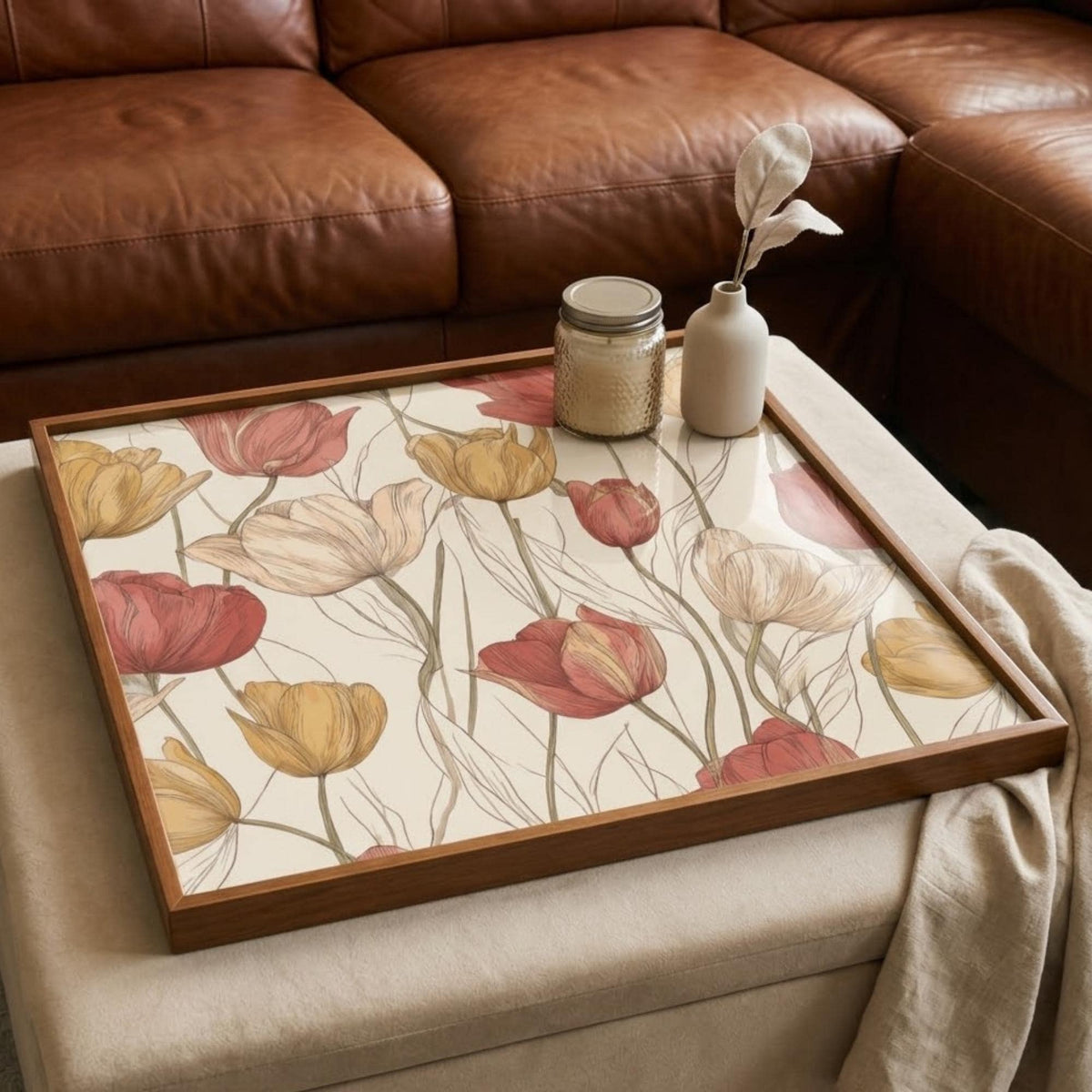 Square Serving Tray, Tulip Floral Tray, Ottoman Coffee Table Tray, Handmade Resin Wood Tray, Spring Home Decor
