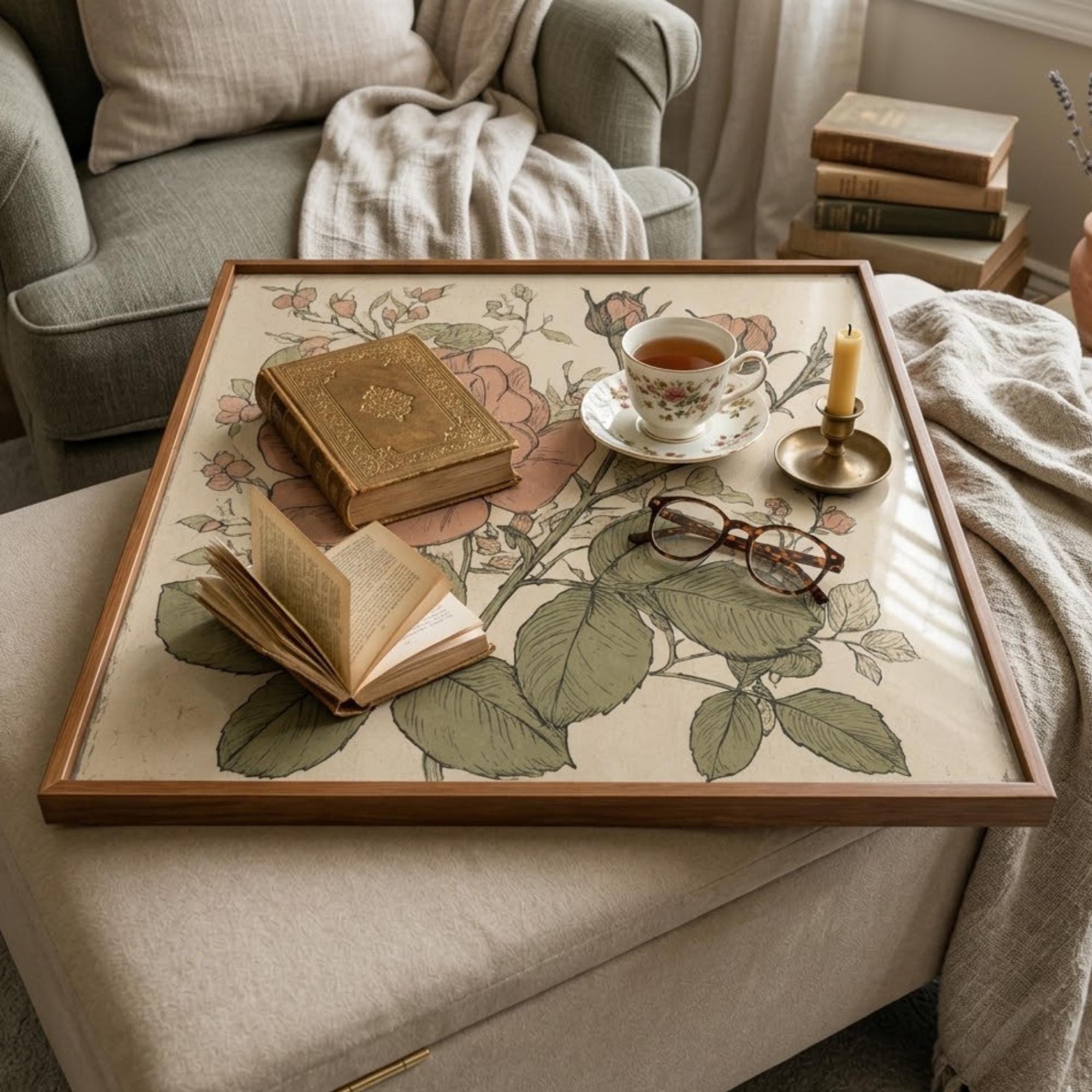 Square Serving Tray, Vintage Rose Tray, Ottoman Coffee Table Tray, Handmade Resin Wood Tray, Botanical Home Decor