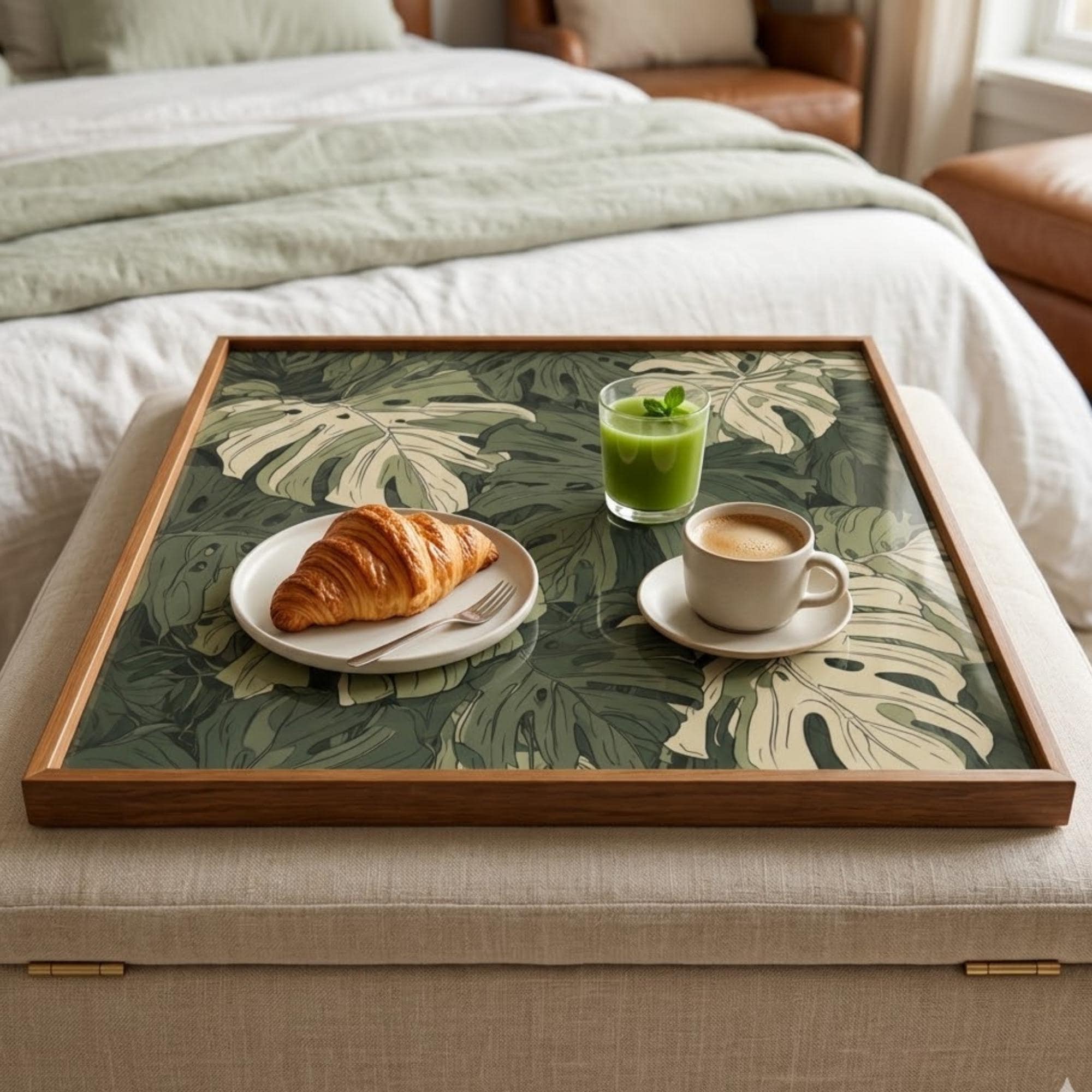 Square Serving Tray, Monstera Leaf Tray, Ottoman Coffee Table Tray, Handmade Resin Wood Tray, Tropical Home Decor