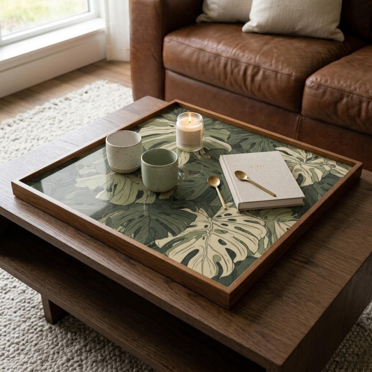 Square Serving Tray, Monstera Leaf Tray, Ottoman Coffee Table Tray, Handmade Resin Wood Tray, Tropical Home Decor