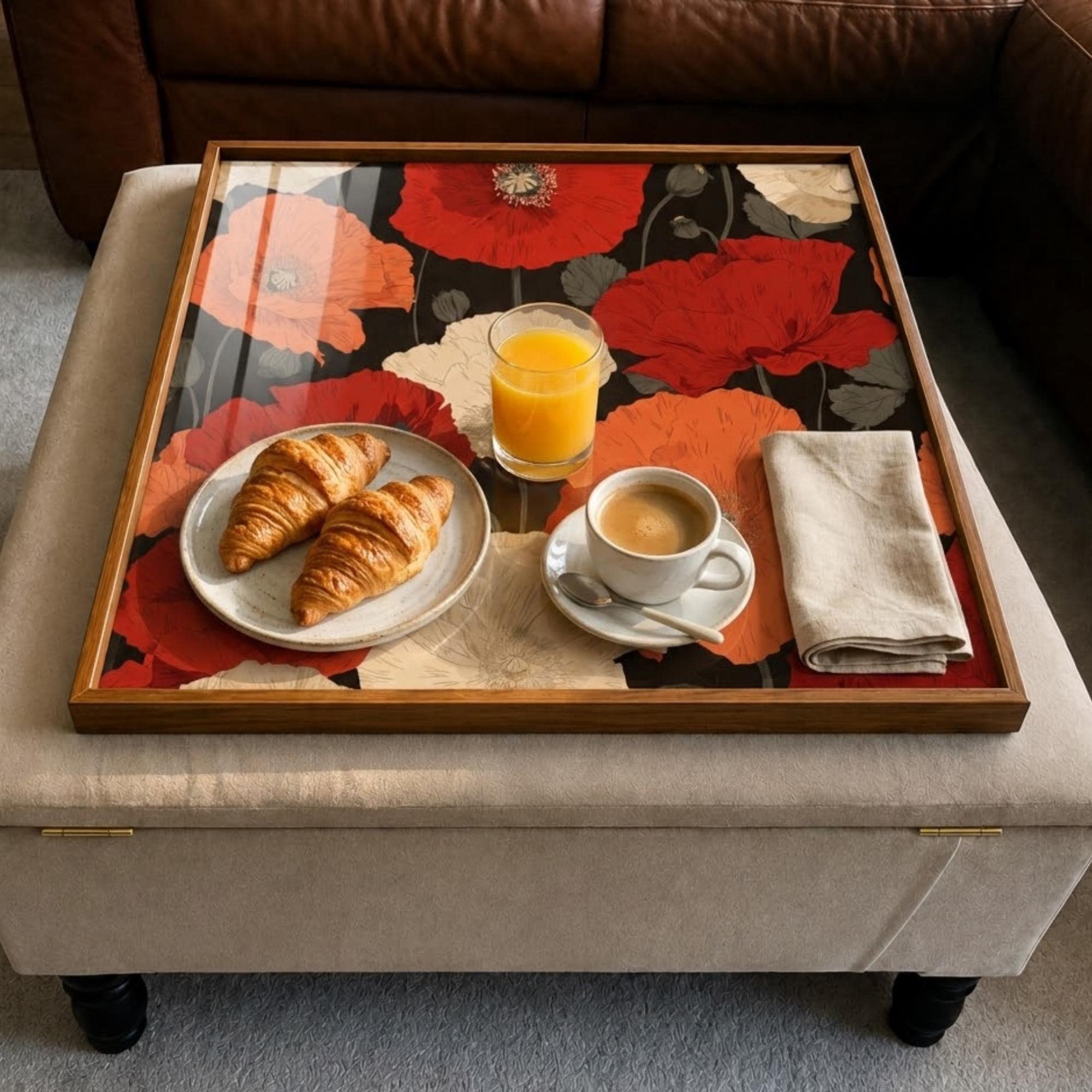 Square Serving Tray, Floral Ottoman Tray, Coffee Table Tray, Handmade Resin Wood Tray, Red Flower Home Decor