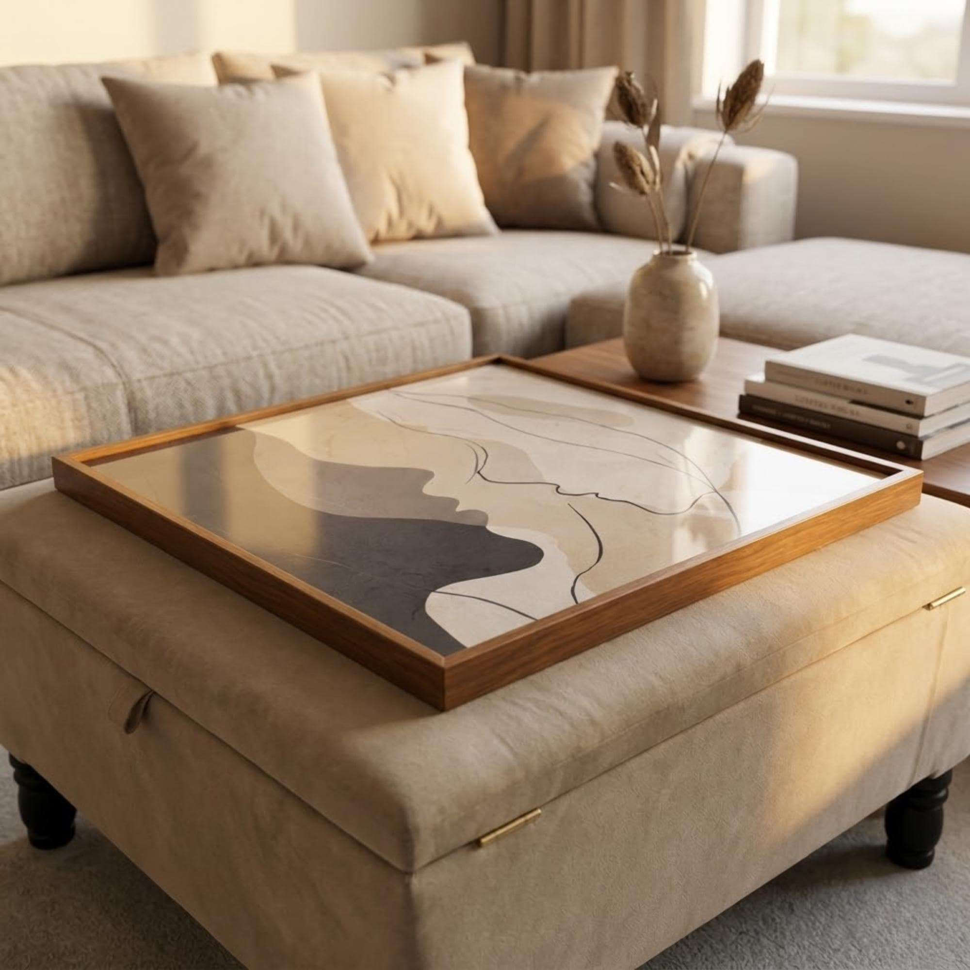 Square Serving Tray, Modern Ottoman Tray, Coffee Table Tray, Handmade Resin Wood Tray, Neutral Home Decor