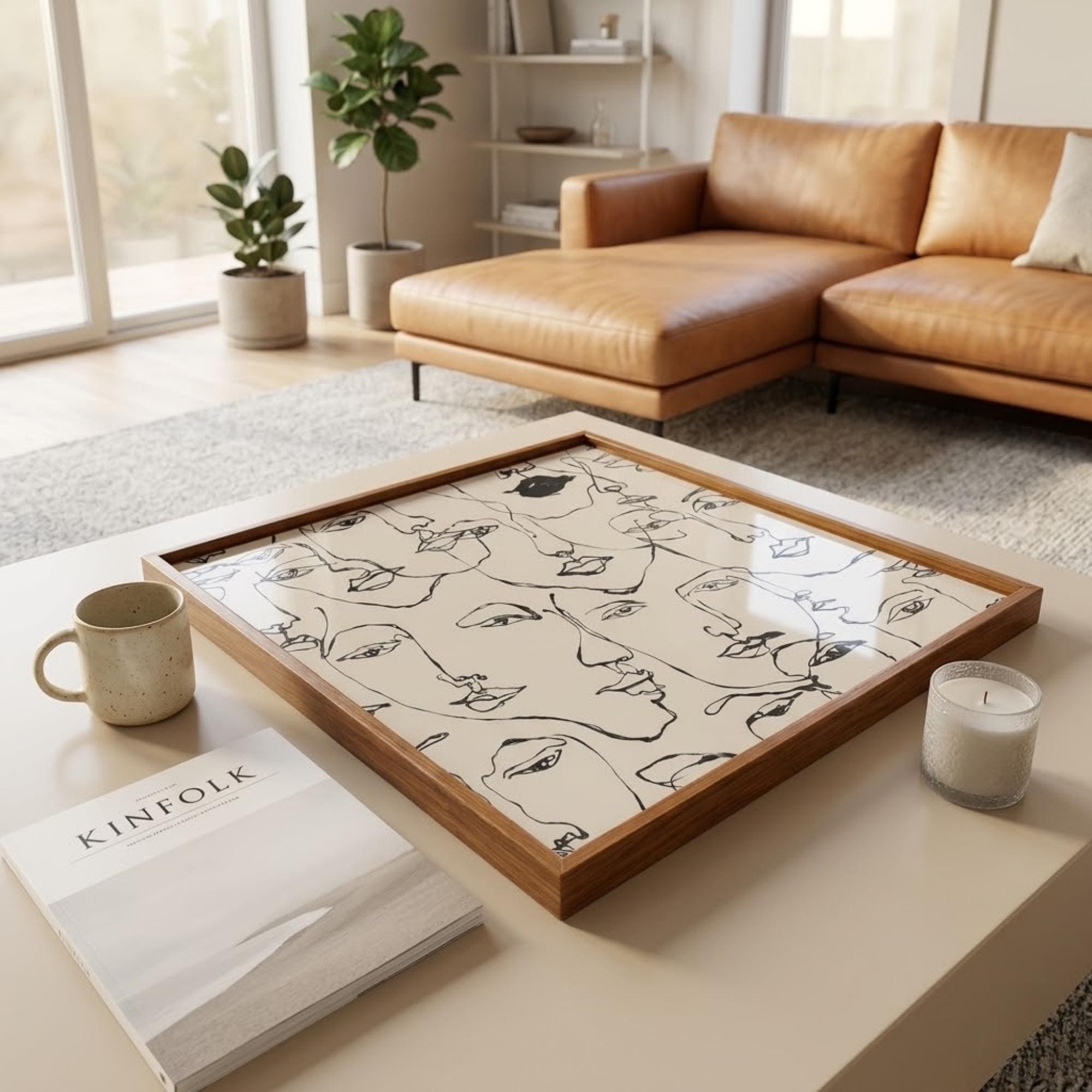 Square Serving Tray, Line Art Ottoman Tray, Modern Coffee Table Tray, Handmade Resin Wood Tray, Minimalist Home Decor